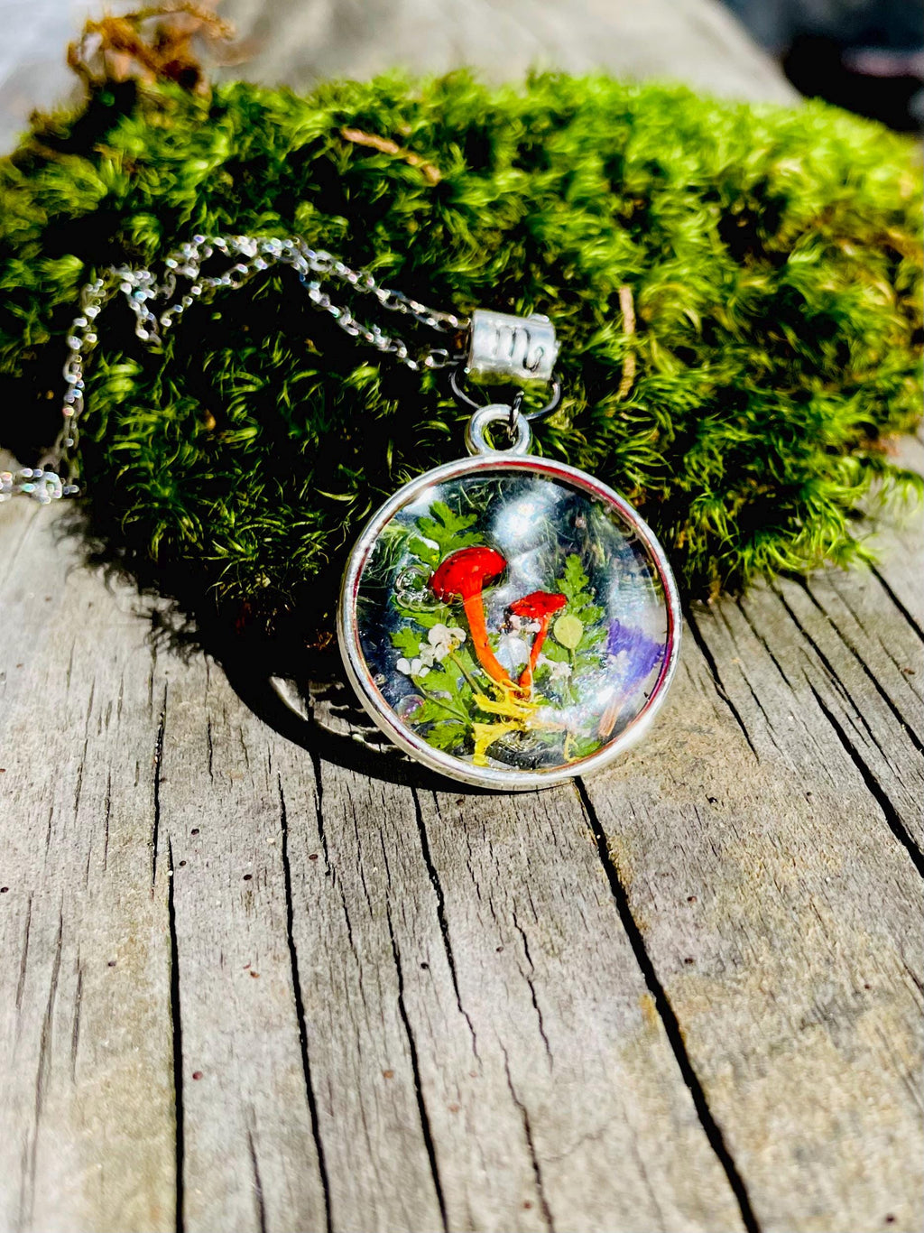 Personalized Mushroom Forest Zodiac Necklace: Handmade Resin Pendant, Birthstone Crystals