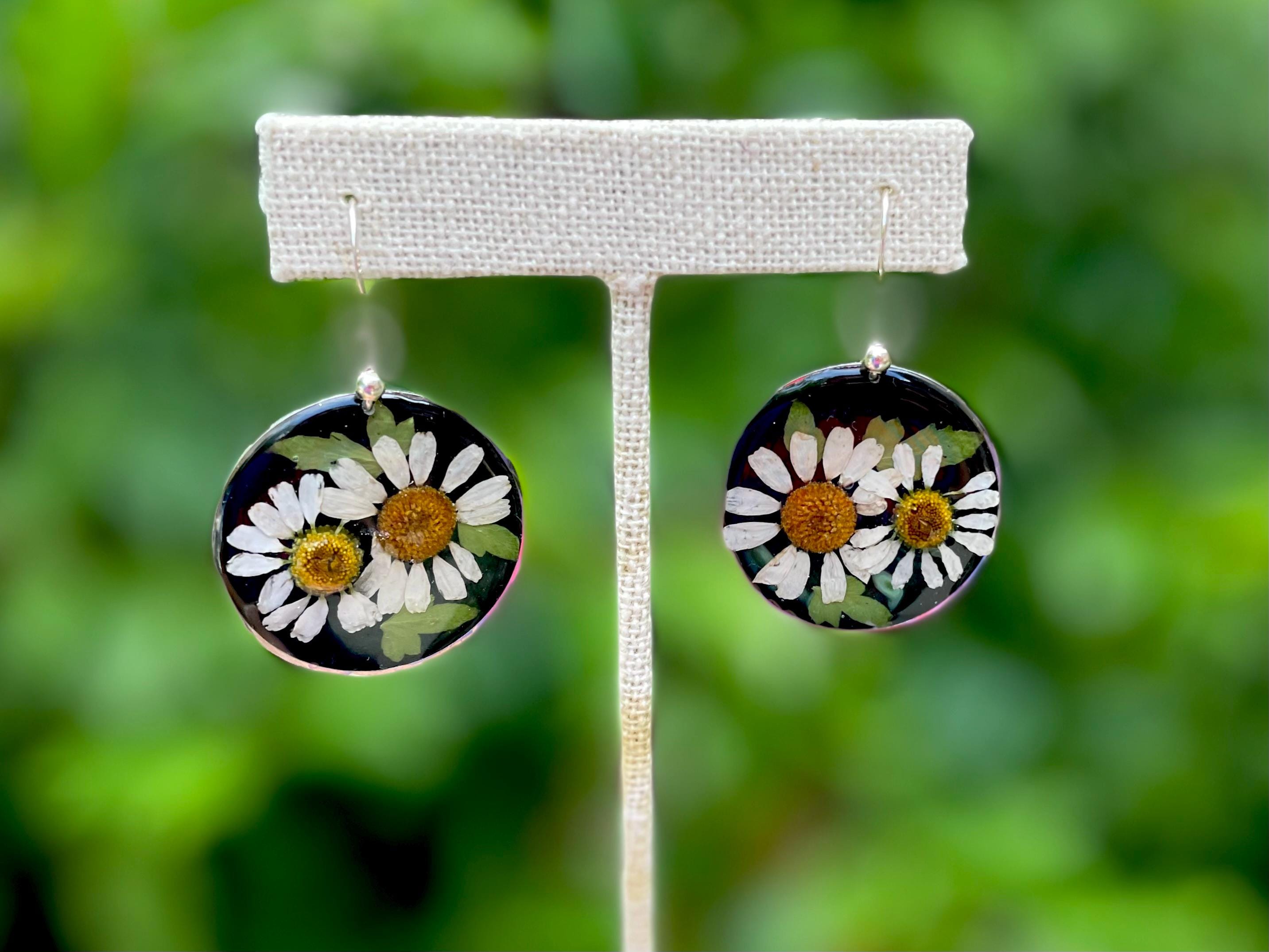 Pressed Daisy Flower Earrings: Black Resin Circle, Botanical Jewelry