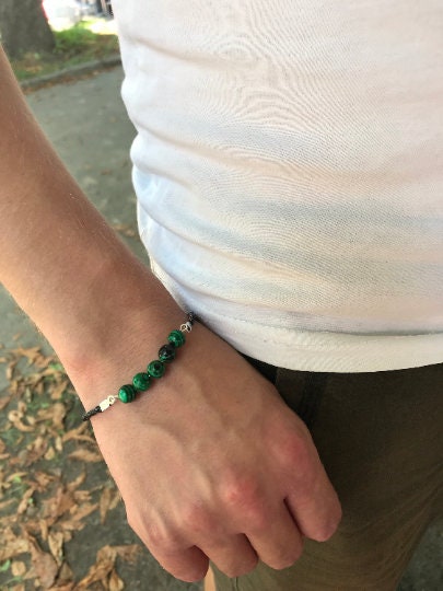 Mens Bracelet, Green malachite 8 mm bead Simple Leather Mens Bracelet, personalized custom gemstone bracelet homme, Anniversary Gift for Him