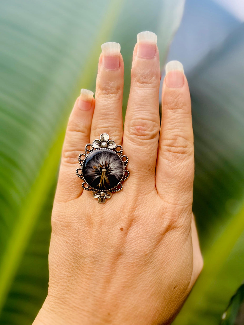 Antique Silver Dandelion Ring: Black Resin Flower Jewelry