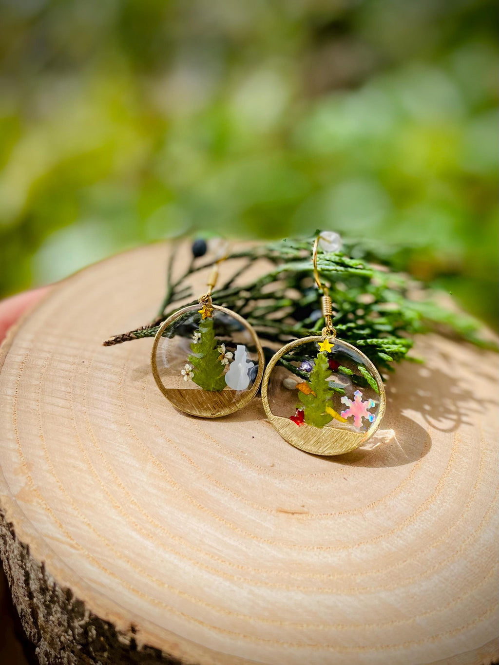 Gold Christmas Tree Earrings: Real Fern, Snowman, Holiday Dangles