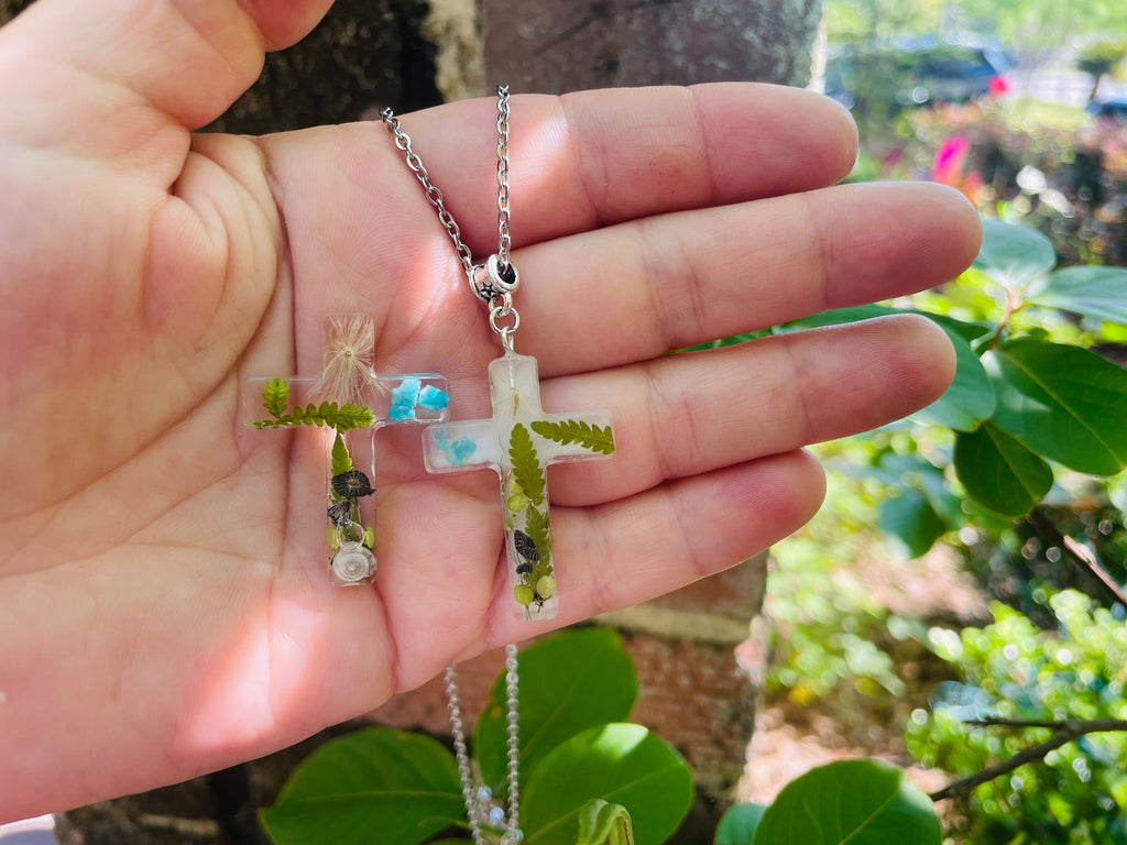 Lily of the Valley Cross Pendant Necklace: May Birth Flower Resin Jewelry Personalized with Birthstone