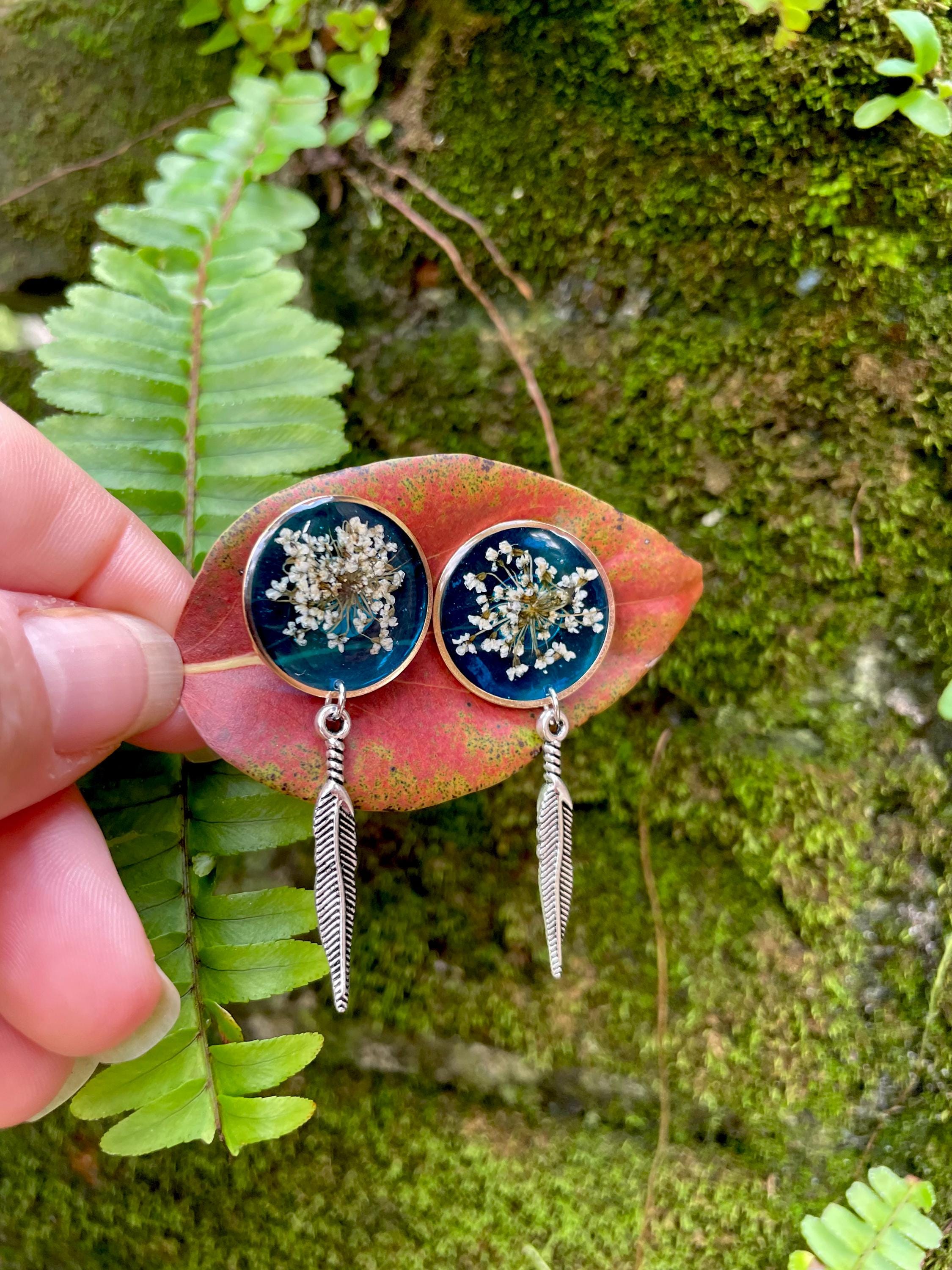 Patina Blue Resin Stud Earrings: Real Pressed Flower and Turquoise Feather jewelry