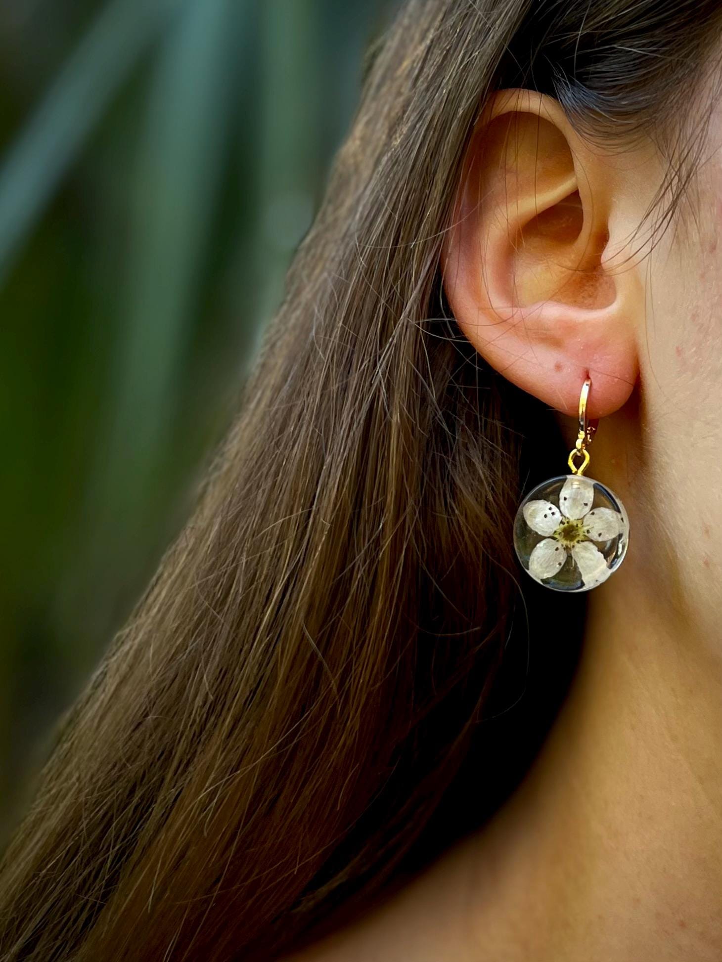 Cherry Blossom Resin Earrings: Gold Huggie Hoops, Real Flower Jewelry March Birth Flower