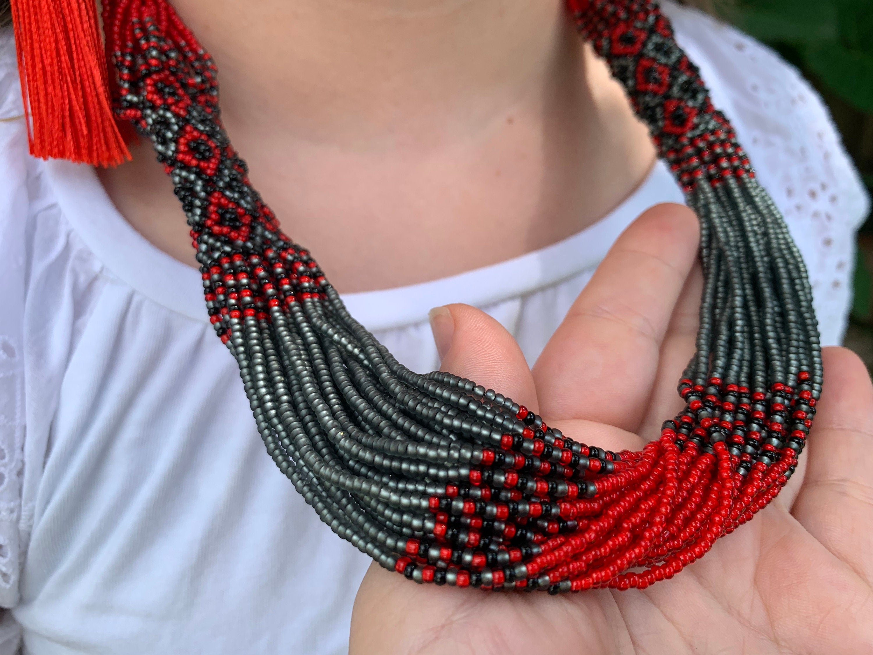 Red and black Folk Ukrainian necklace Ukrainian Beaded Necklace Seed bead vyshyvanka necklace Multistrand red and gray necklace Bohemian