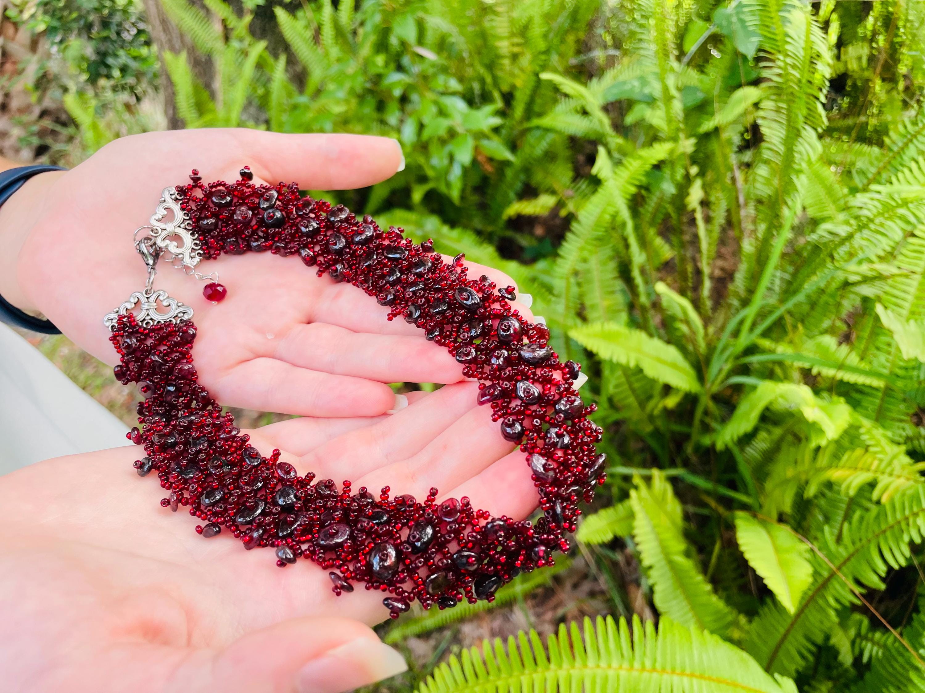 Red Garnet Beaded Necklace: Burgundy Collar Choker for January Birthdays & 2nd Anniversaries
