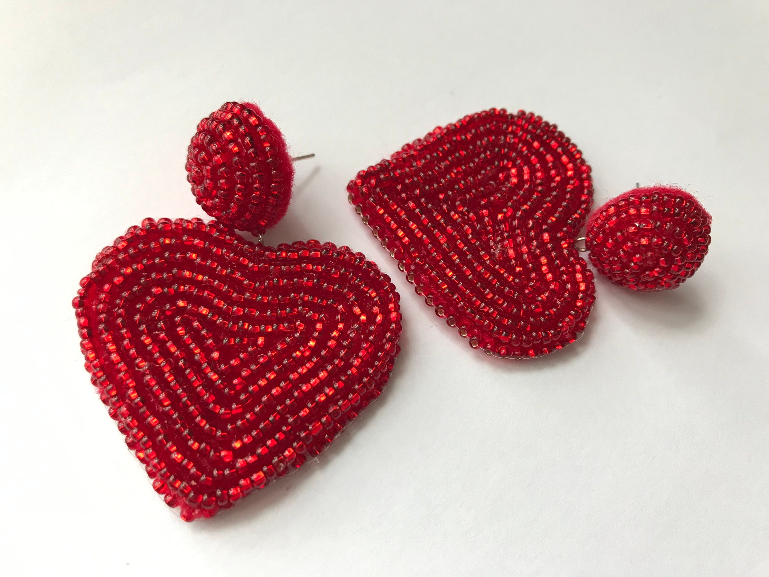 Valentines Day Red Beaded Heart Statement Earrings, best friend gifts, seed bead earrings heart, heart earrings dangle, anniversary gift her