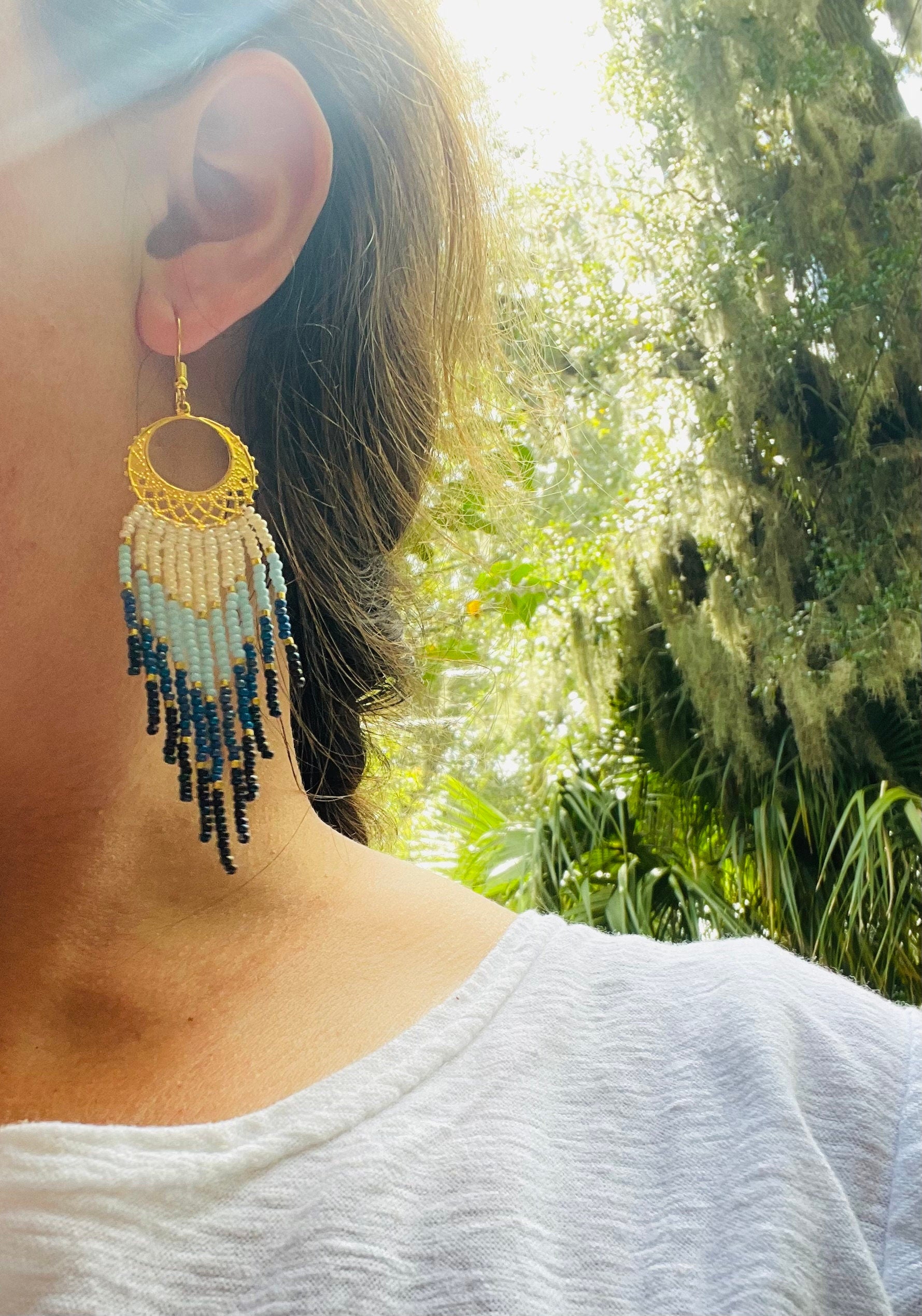 gold and denim blue bead Woven Geometrical Fringe Earrings, 14K Gold-Filled Earwires Handmade Unique Gift for Her best Friend Boho Jewelry