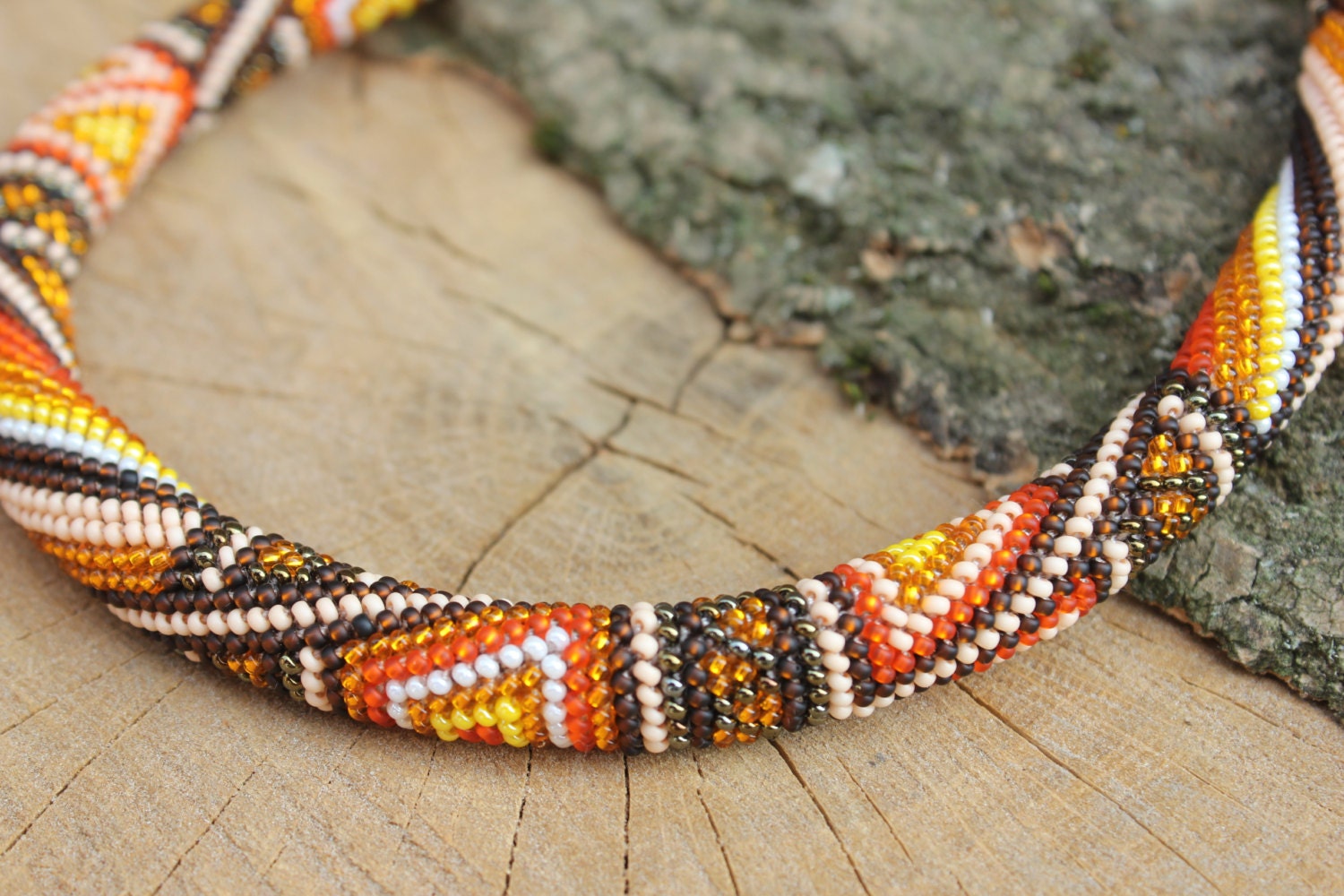 Fall patchwork necklace handmade jewelry, Burnt orange brown beige choker Tribal ethnic beadwork unisex jewelry, beaded choker rope necklace
