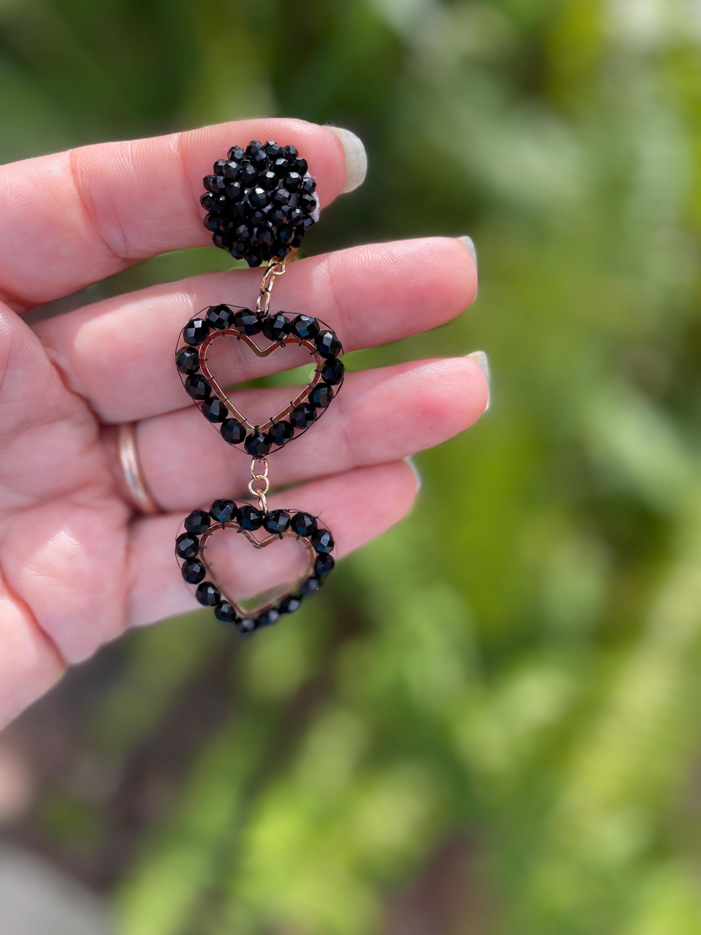 Black Beaded Heart Dangle Earrings Clip on/stud: Gothic Prom Statement Earrings