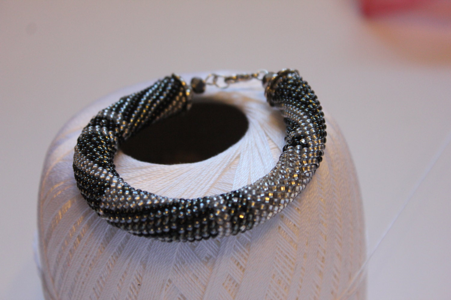 Silver bracelet Shades of Grey Patchwork Bracelet Grey Bracelet Stylish Beaded Bracelet For her Fashion Accessory Bead crochet Rope Bracelet