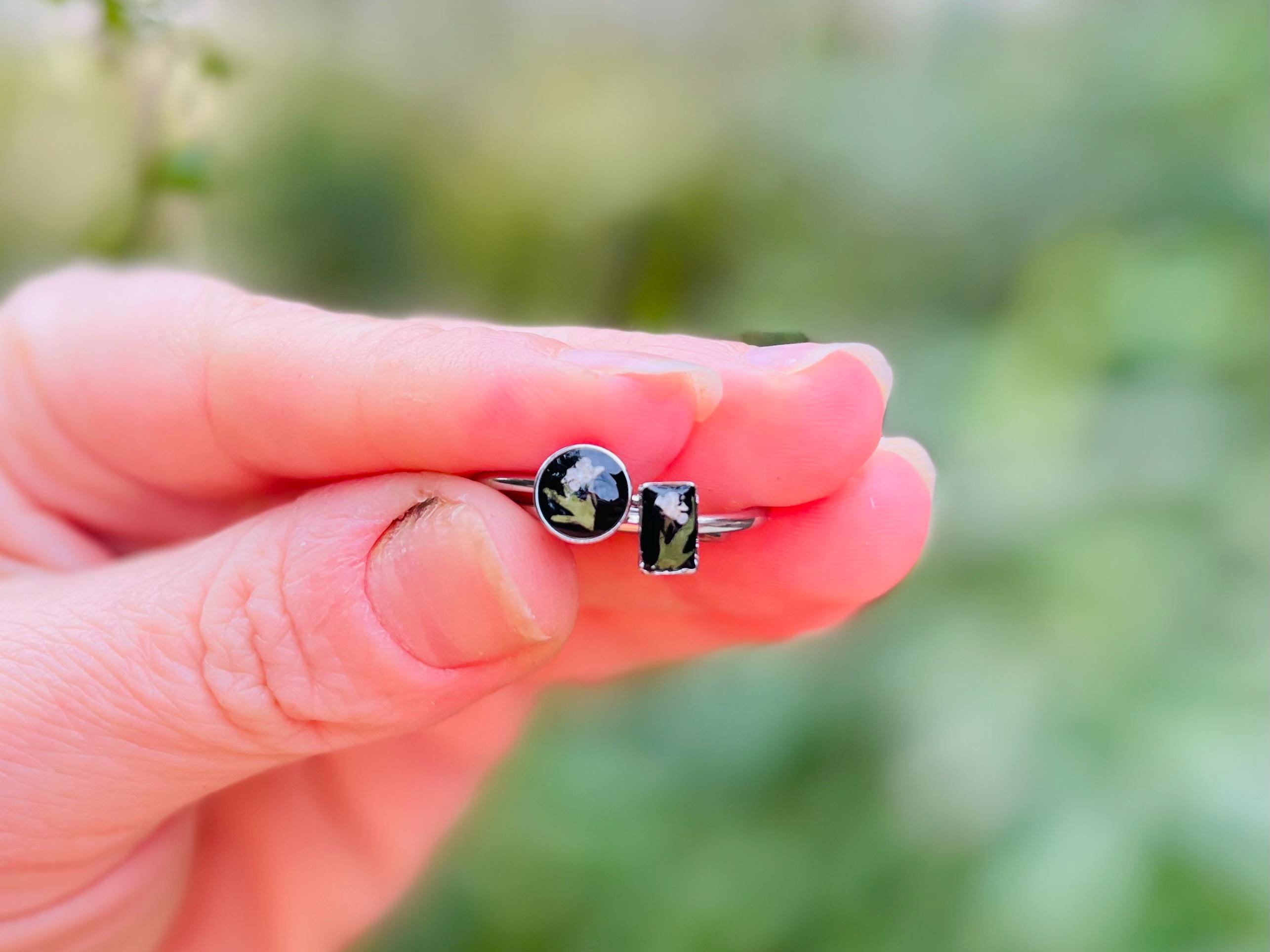 Personalized Birthstone Color Ring: Silver Adjustable Pressed Wildflower Jewelry