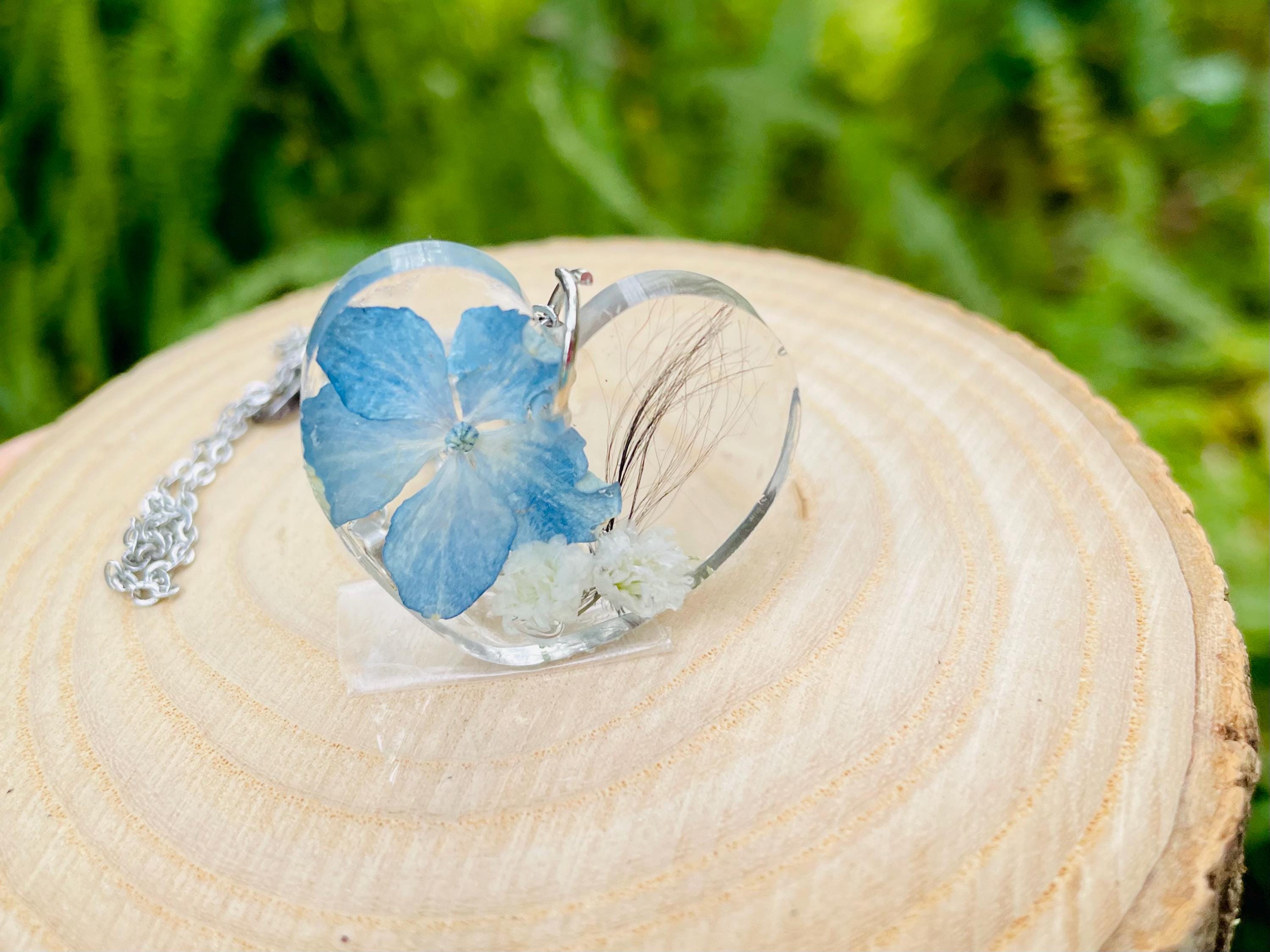 Pet Hair Keepsake Necklace Pendant: Dried Hydrangea Flower, Pet Loss Memorial