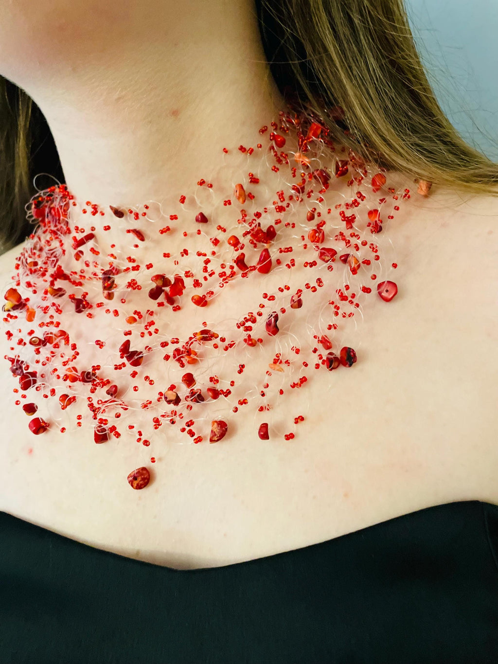 Red Coral Choker: Multi Strand Statement Necklace, Victorian Bridal Air Collar