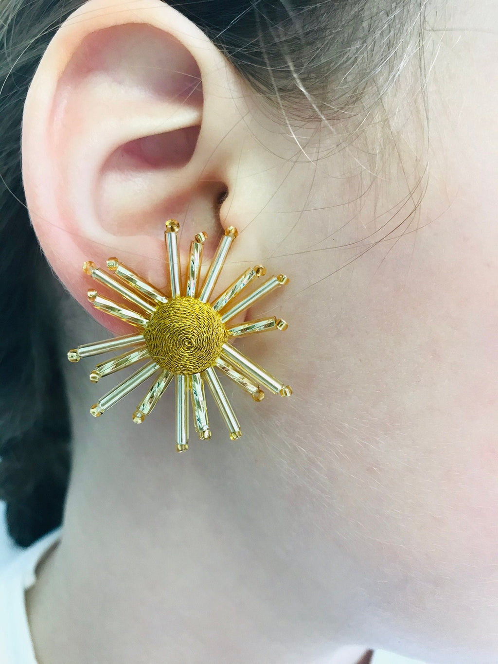 Gold Sunburst Earrings: Beaded Celestial Clip On Studs