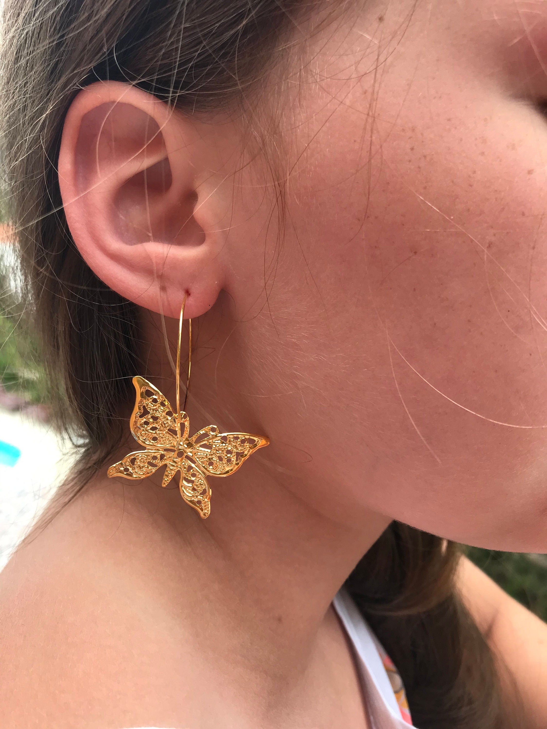14k gold huggie earrings, filigree butterfly earrings, huggie hoop earrings silver, butterfly earrings dangle, silver butterfly earrings