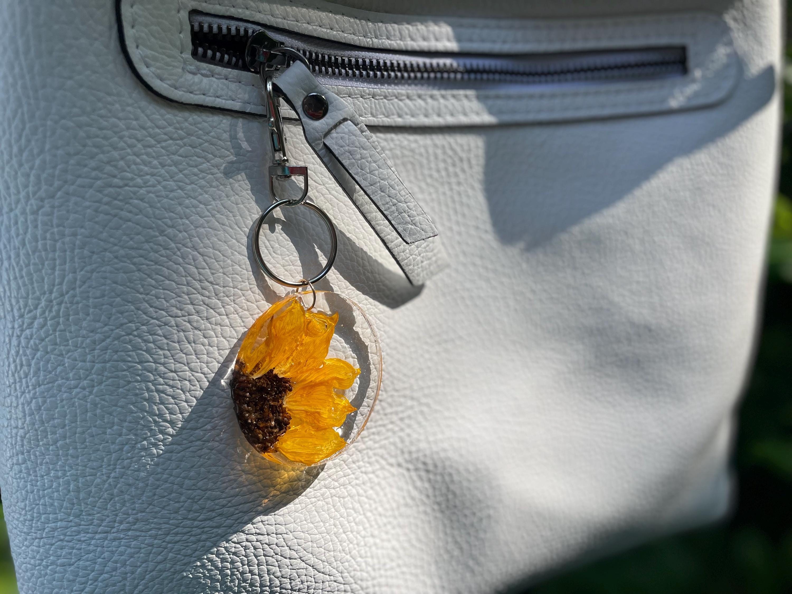 Real Sunflower Purse Charm Resin: Rustic Yellow Floral Keychain | Nature Lover Gift