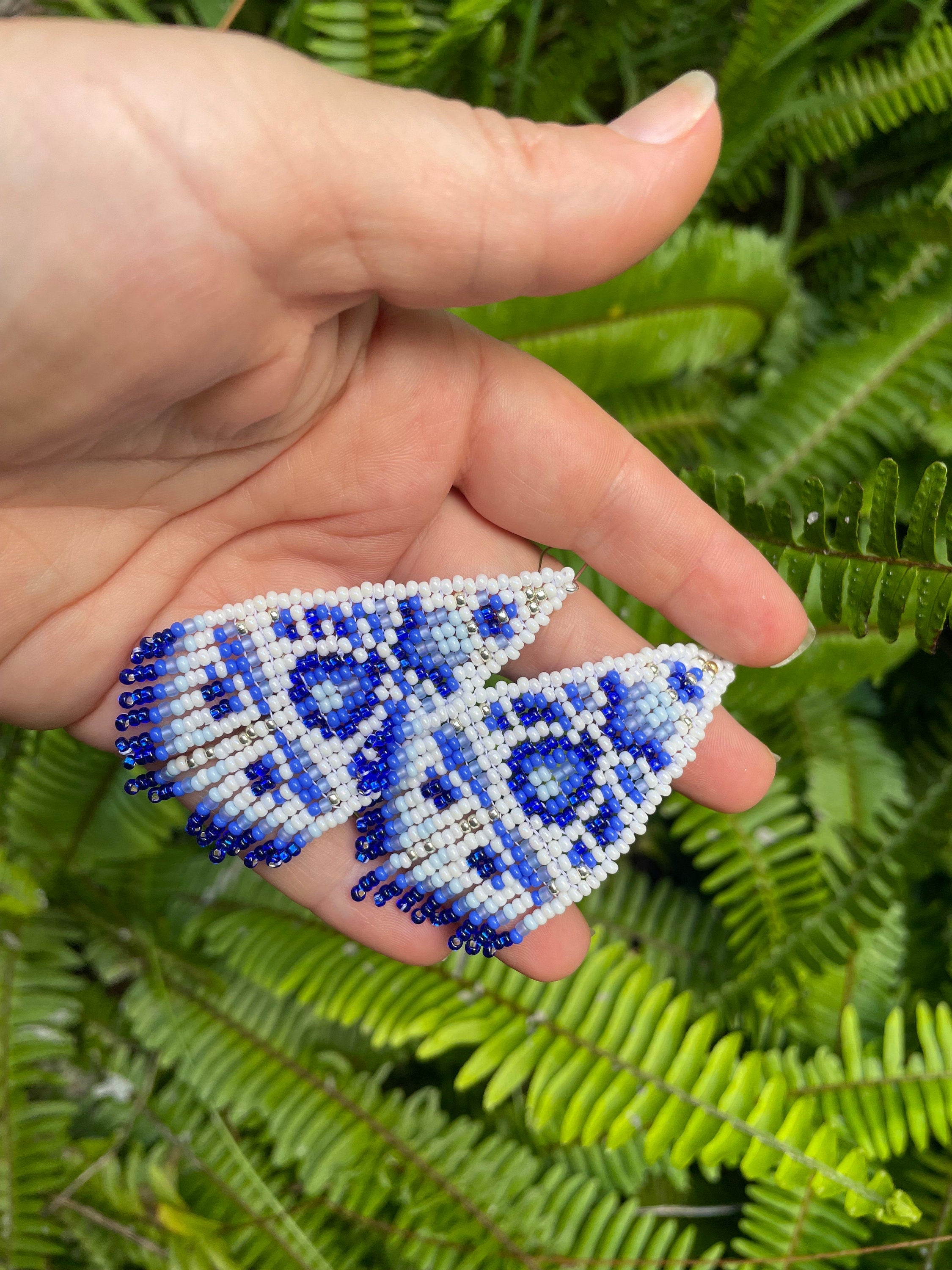 Chinoiserie Seed Bead Earrings: White & Blue Toile, Sterling Silver