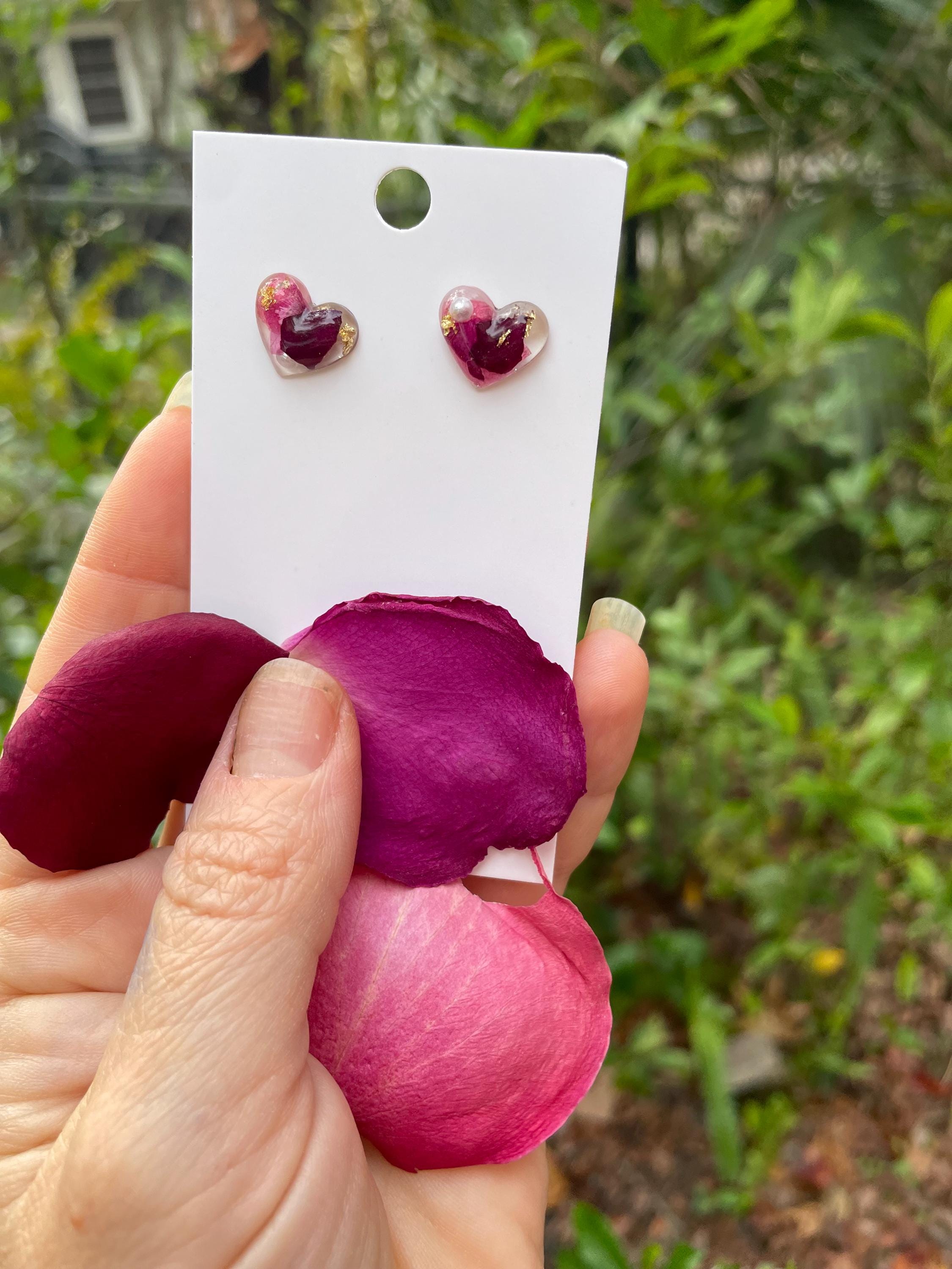 Handmade Heart Rose Stud Earrings: Titanium Resin Flower Earrings June Birth Month