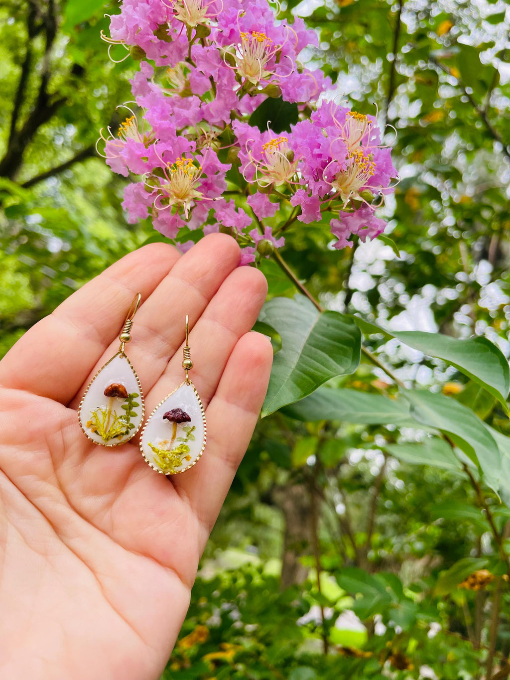Mushroom Earrings: Real Wildflower Fern, 14K Gold, Personalized Birthstone