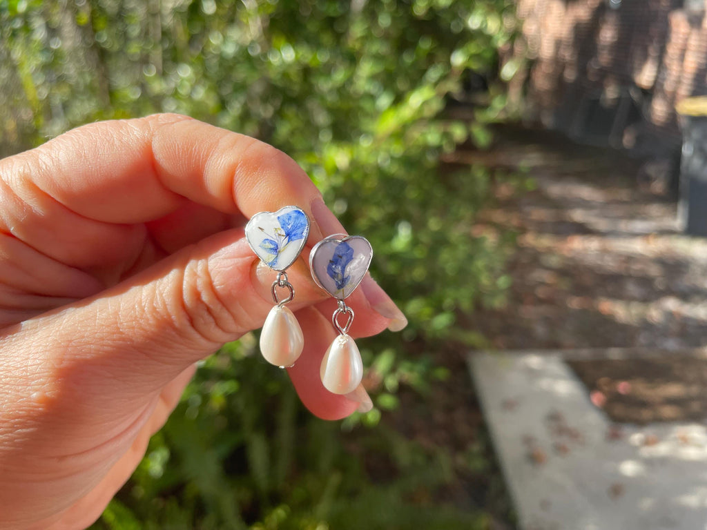 Dainty Heart Pearl Drop Earrings: Blue Wildflower Silver Bridal Jewelry