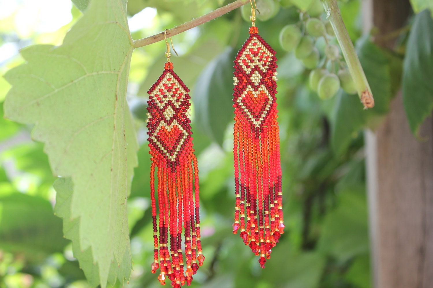 Heart earrings for women, Red gold Seed bead earrings, best friend gift, red Beaded earrings long, Native American style, Statement earrings