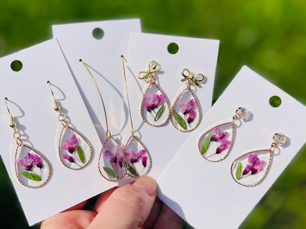 Sweat Pea Earrings Dangle: April Birth Flower, Pink Pressed Flower Resin Jewelry Gold