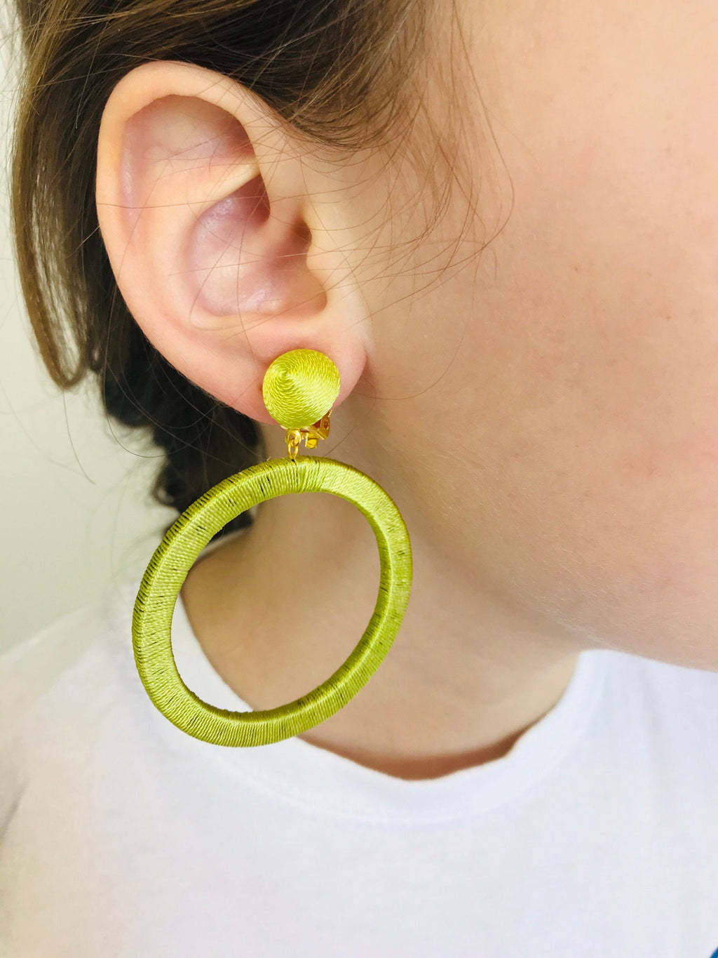 Chartreuse green Oversize hoop earrings, big hoops clip on, statement laser cut wooden studs, trendy fashion jewelry, olive green earrings