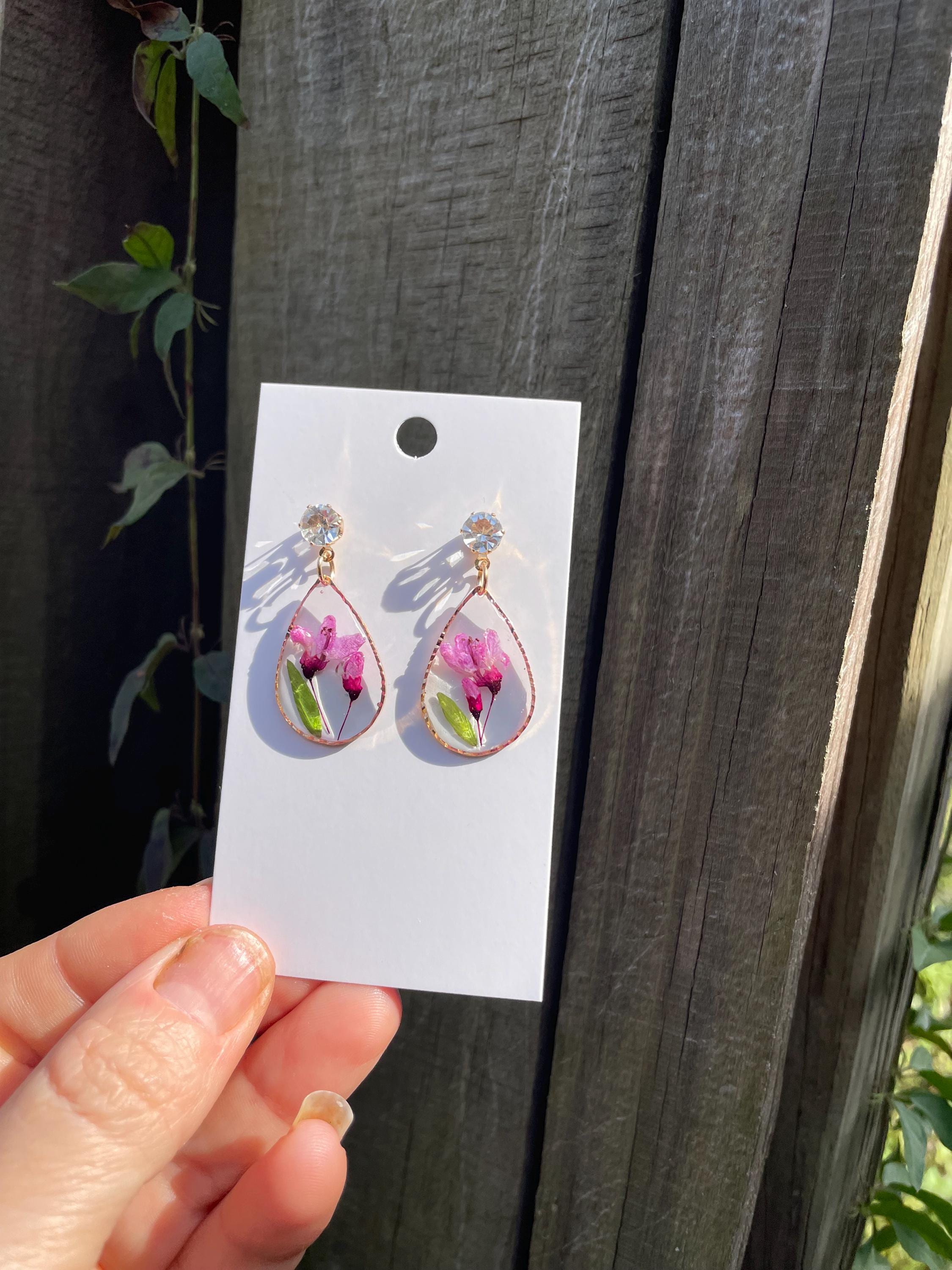 Sweat Pea Earrings Dangle: April Birth Flower, Pink Pressed Flower Resin Jewelry Gold