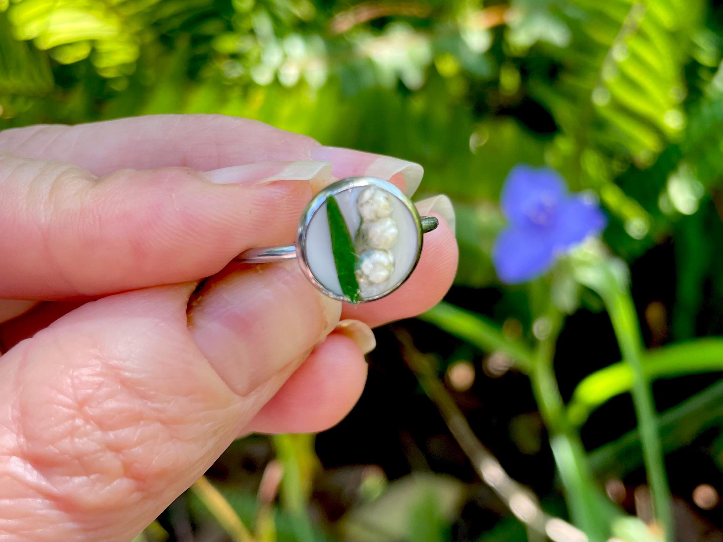 Personalized Lily of the Valley Pressed Flower Ring: Adjustable Silver May Birth Flower Jewelry