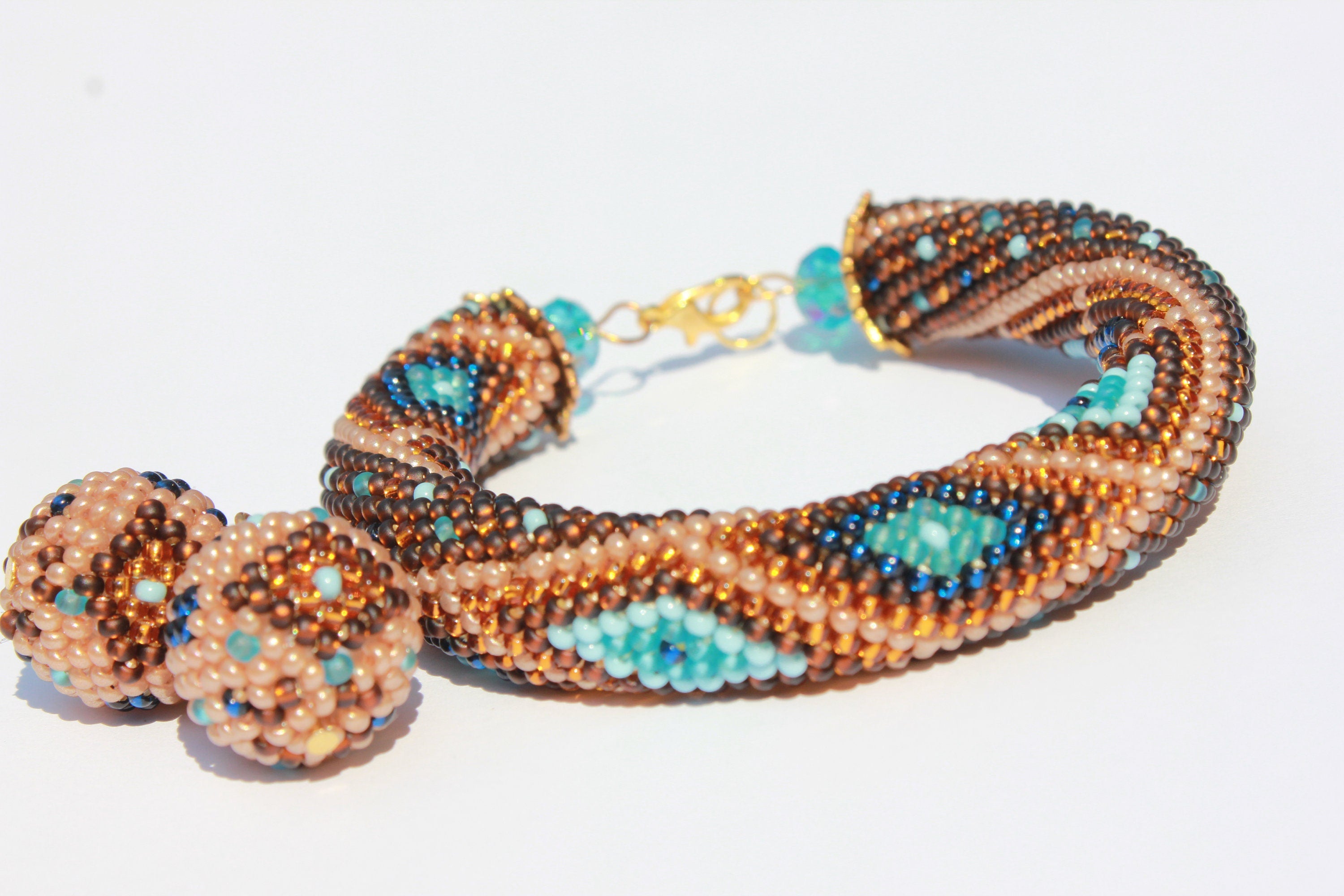 Teacher appreciation gift brown and blue Crocheted geometric bracelets for women, Mothers Day gift idea for wife, Seed Bead bangle Beadwork