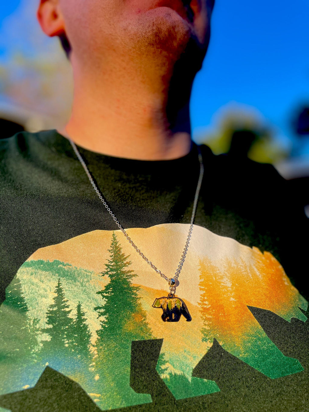 Silver Bear Pendant Necklace for Men: Pressed Fern and Flower Mountain Jewelry, Valentines day gift for him