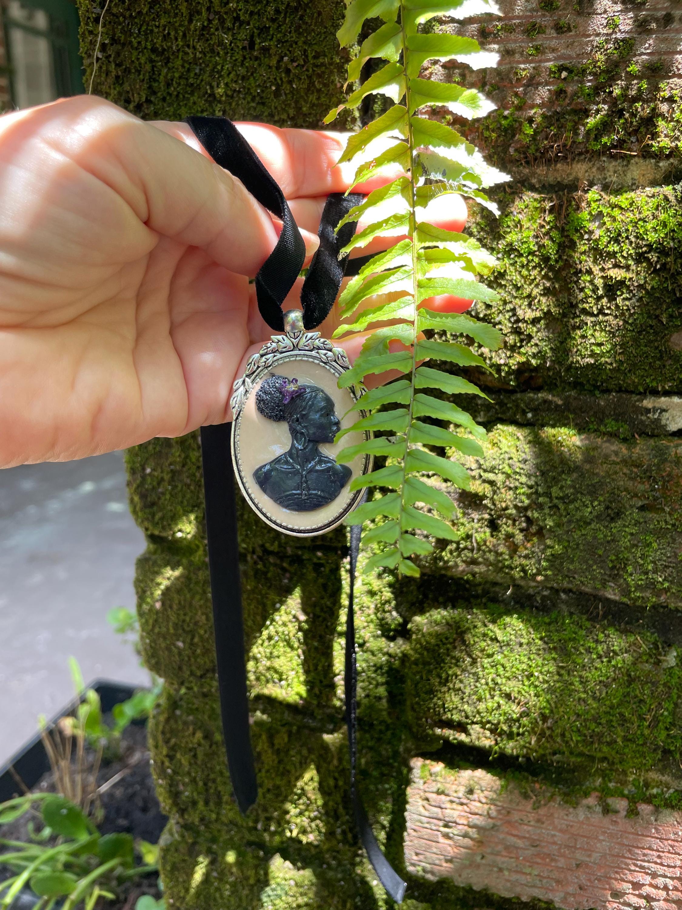 Handmade Cameo Necklace: African American Woman, Velvet Choker, Birthstone Option