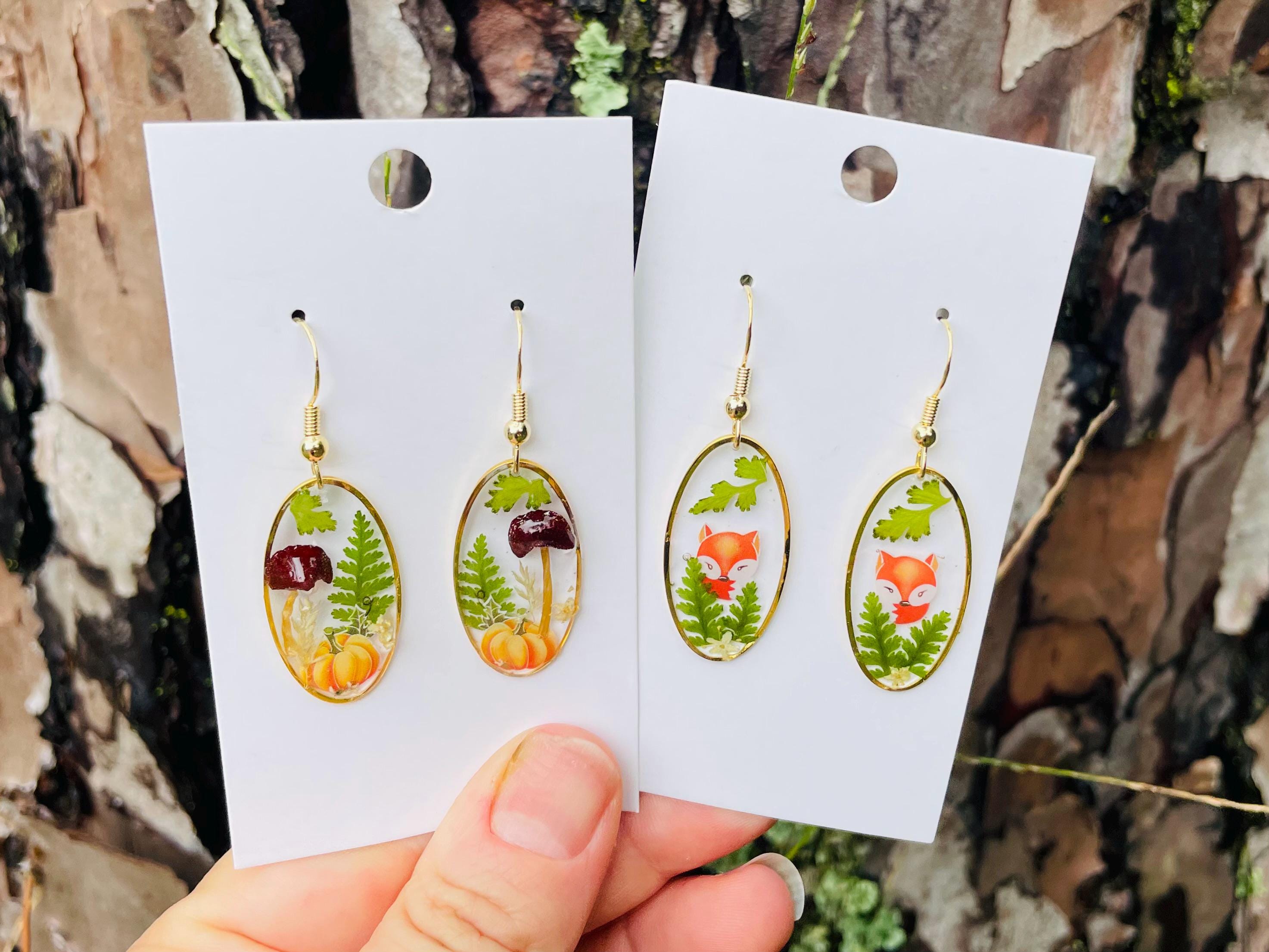 14K Gold Resin Dangle Earrings: Real Mushroom, Pumpkin, Fern & Flowers