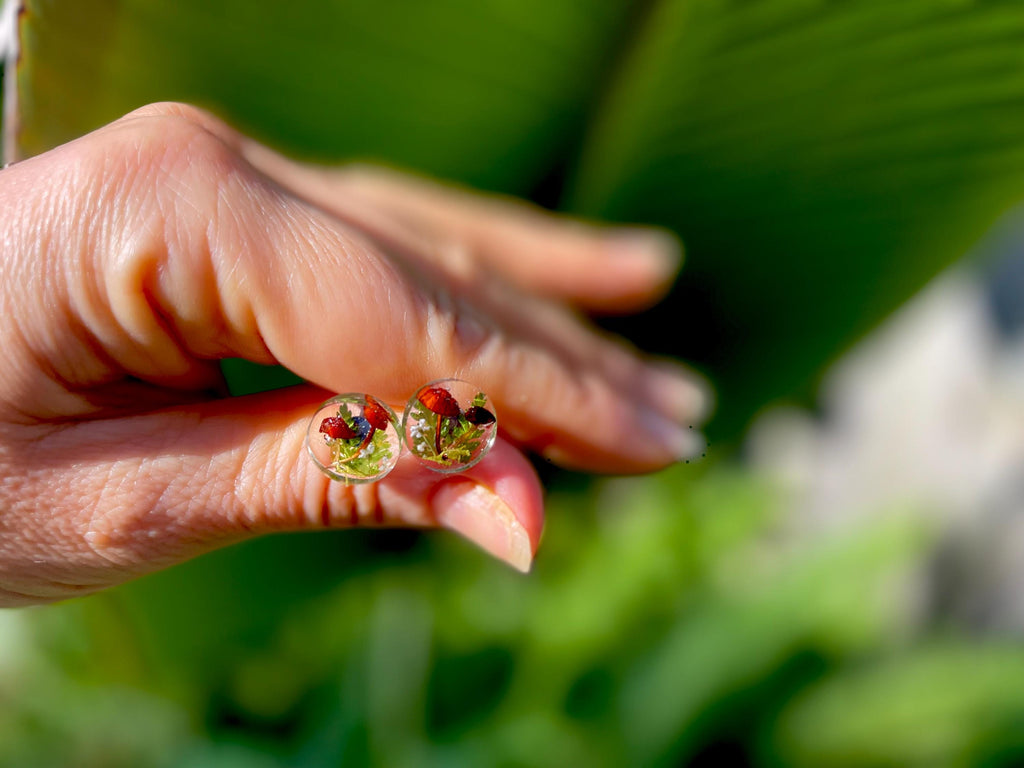 Men's Unique Stud Earrings: Hypoallergenic Real Mushroom Fern with Birthstone, Nature-Inspired Valentines gift