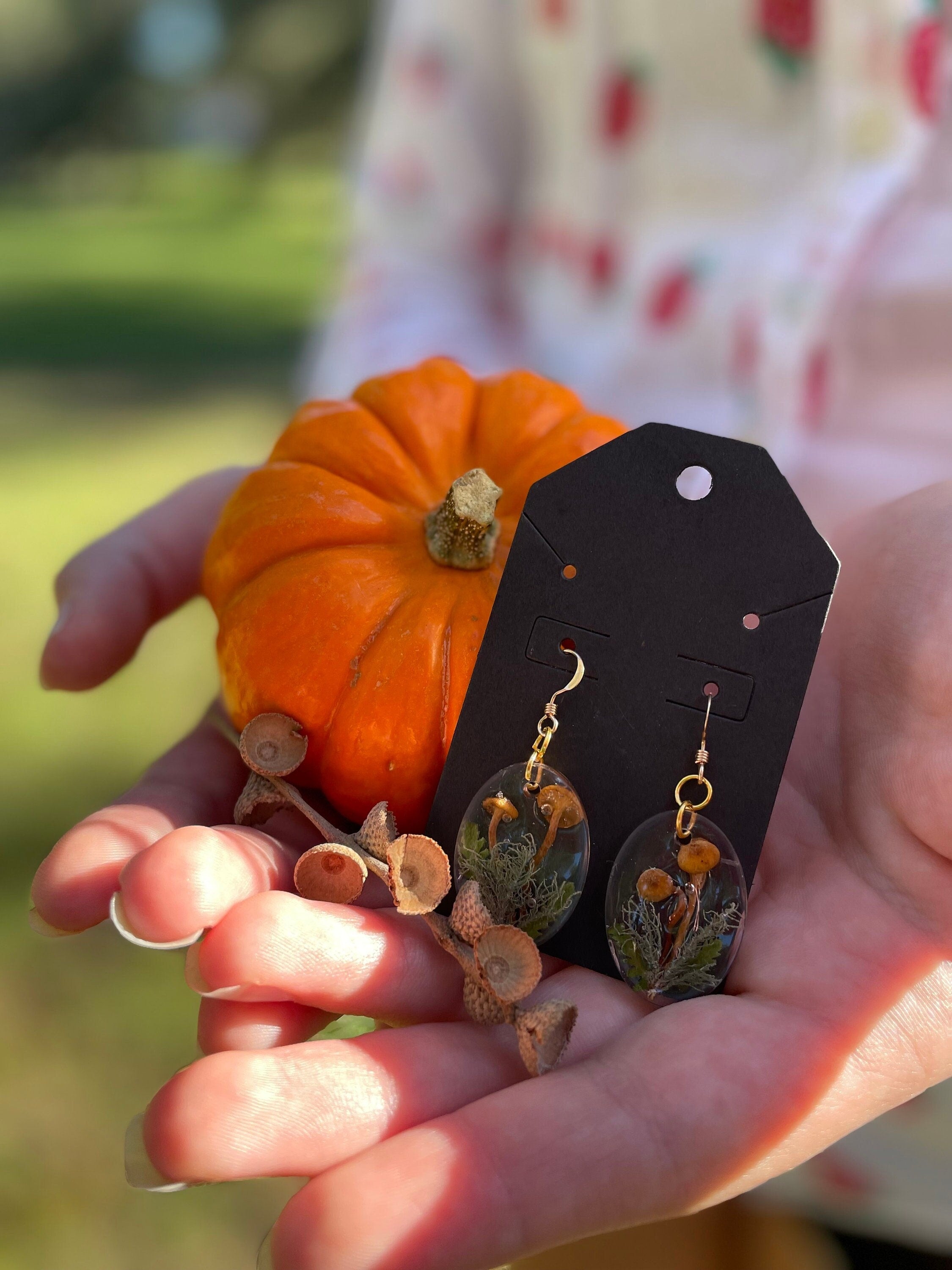 Mushroom Dangle Earrings: Real Acorn, Fern & Ladybug - Woodland Jewelry