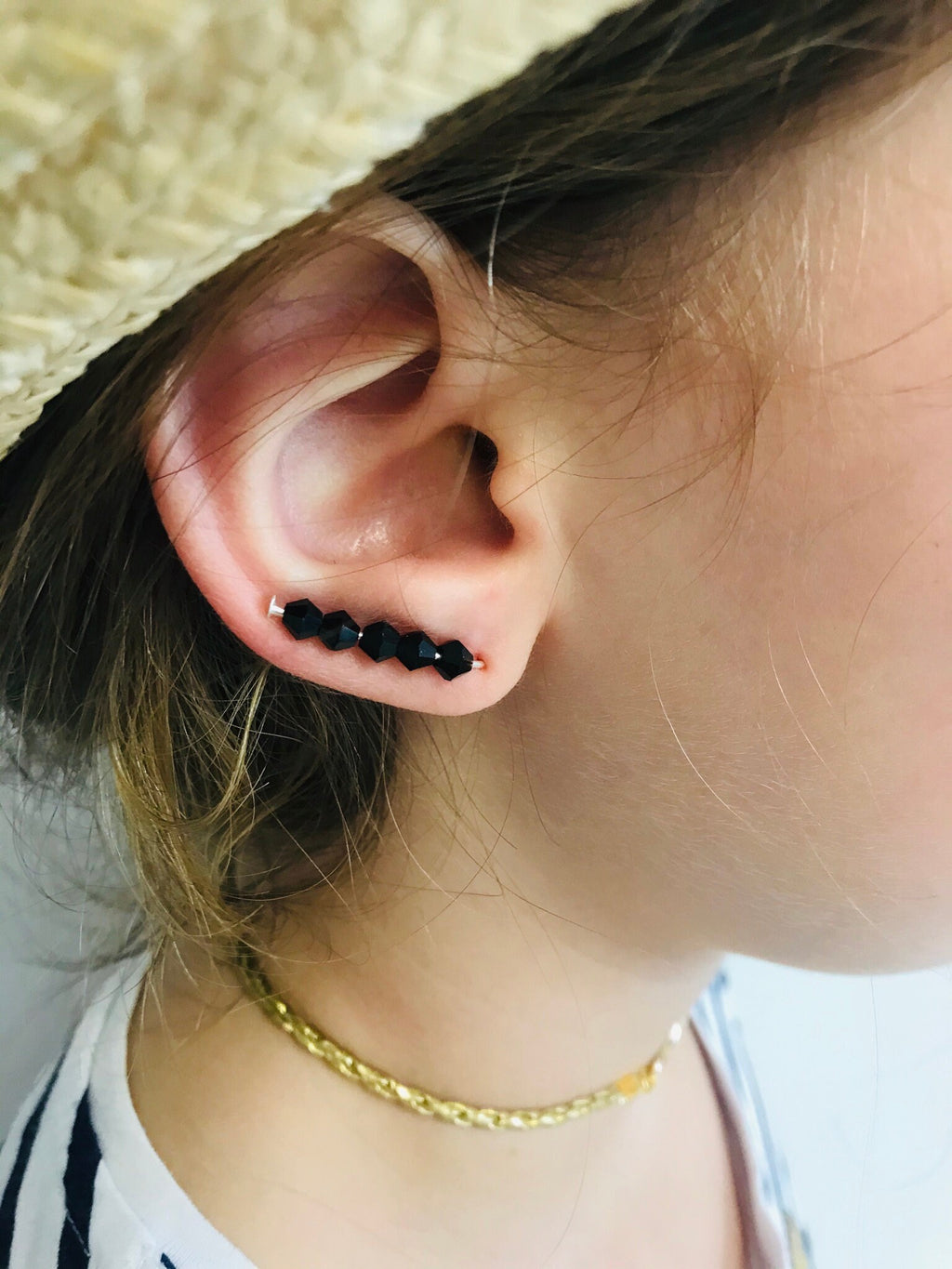 ear climber earrings, Minimalist ear climbers, 925 sterling silver stud earrings, Black Ear Climbers, Simple Ear Sweep birthstone color gift