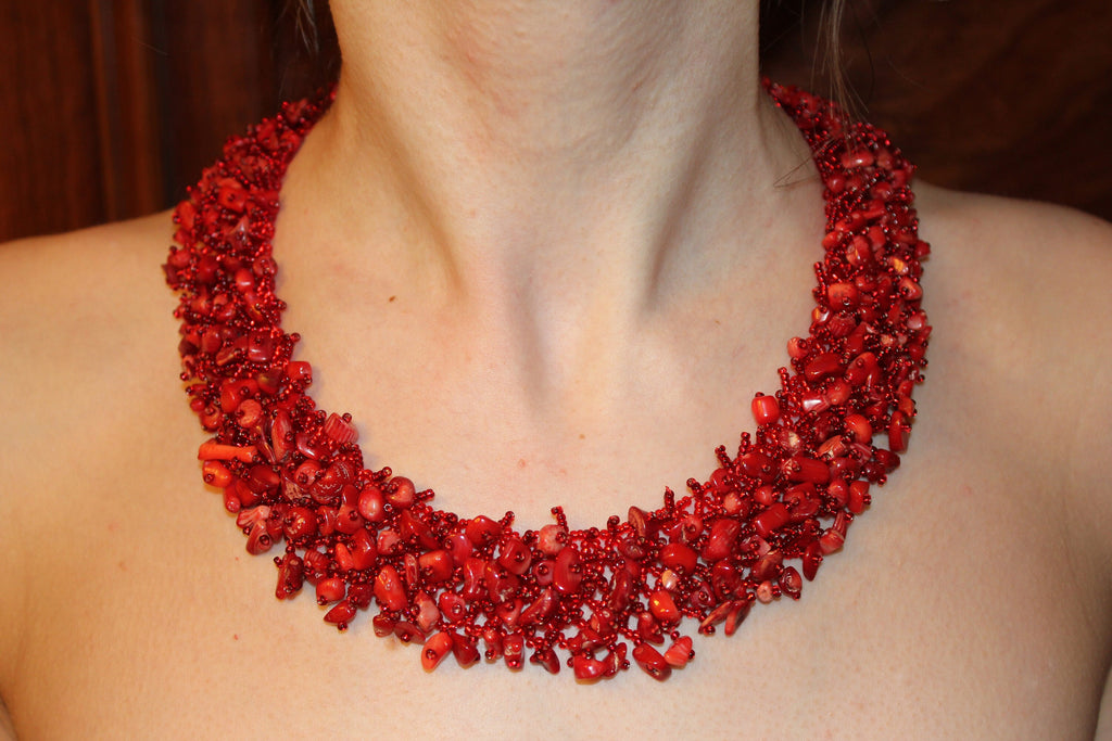 Elegant Red Coral Necklace Best Christmas Birthday Gift for her Mom Red bead & stone statement collar necklace chunky coral choker necklace