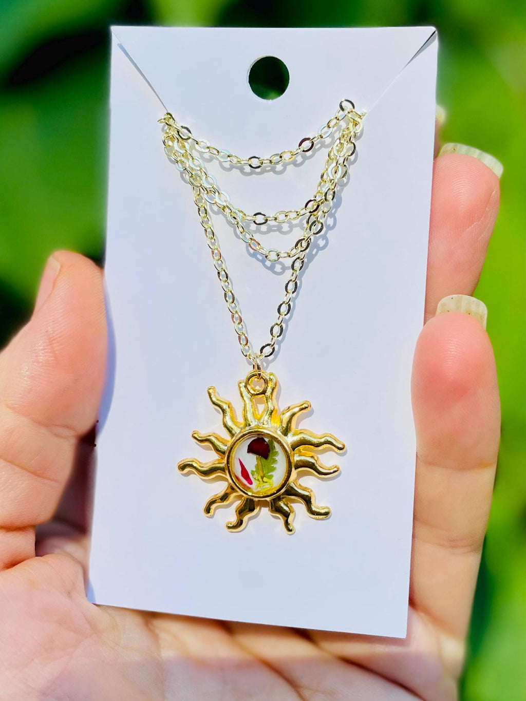 Gold Sun Necklace: Dainty Real Mushroom and Fern Pendant, Sunburst Celestial Jewelry Birthstone
