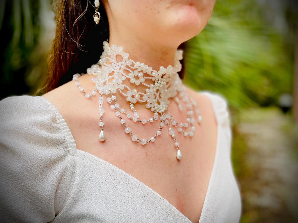 White Beaded Wedding Collar Necklace Multi Strand Pearl Choker Wide Crystal Necklace Fringe Victorian Bridal Choker Vintage Bridal Necklace