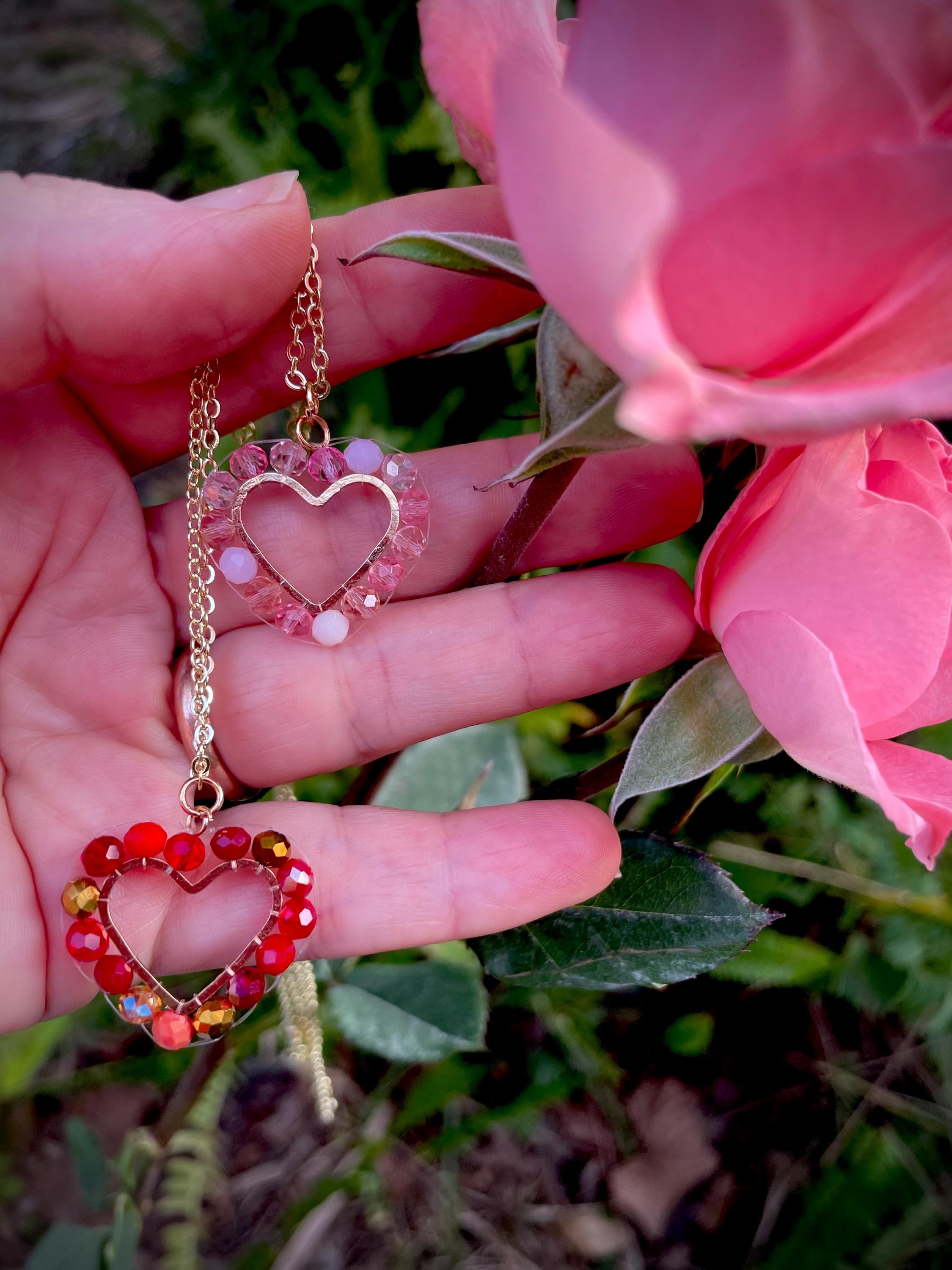Ruby Red Heart Necklace: Gold Layered Chain, Beaded Handmade Jewelry
