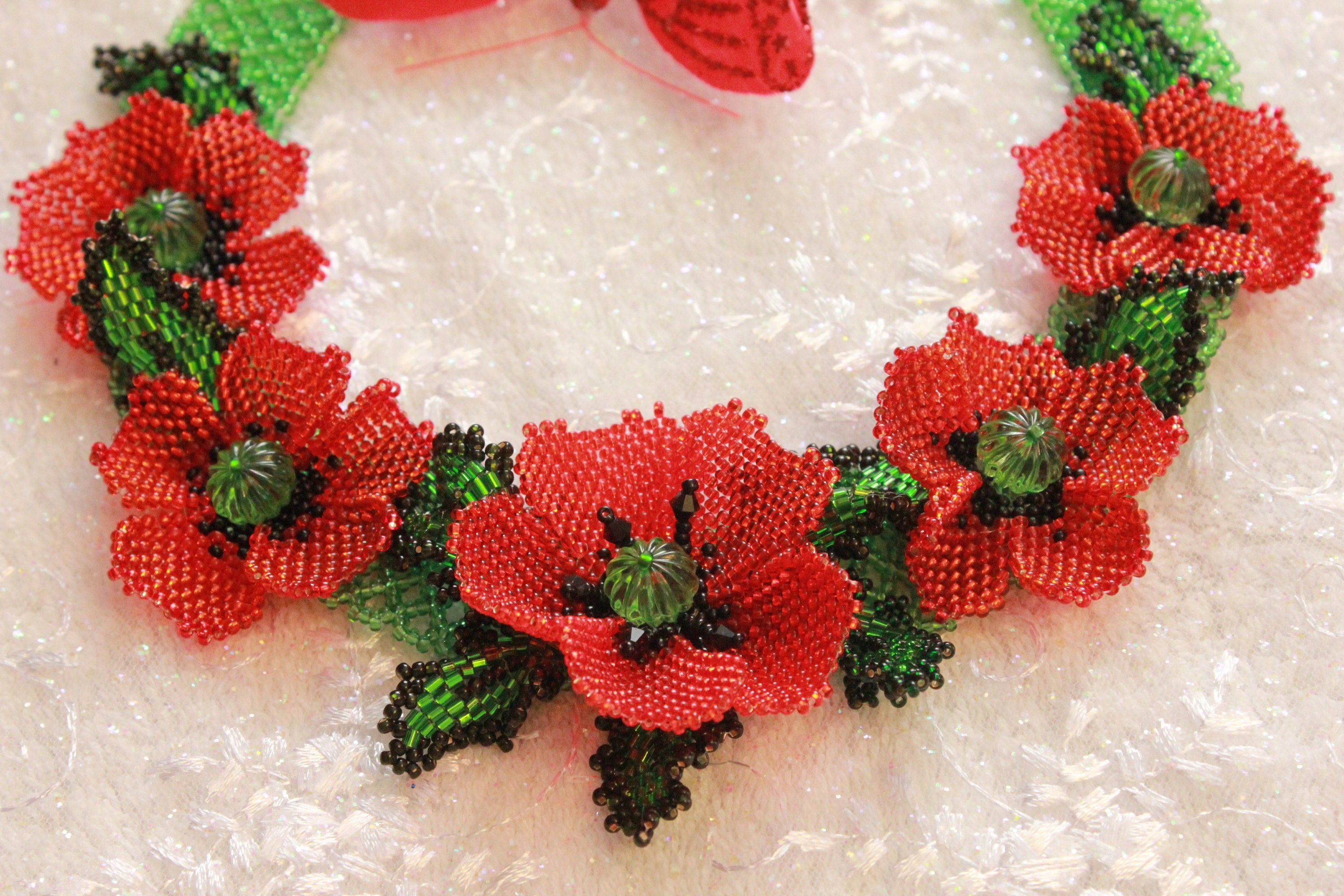 Red flower jewelry necklace, Poppy Necklace, Floral collar Choker, Wedding gift bride~Unique Beaded Necklace for girlfriend, Valentines gift