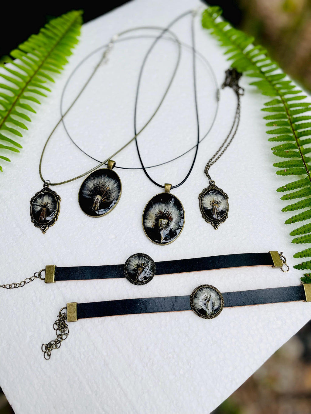 Black Leather Dandelion Bracelet Adjustable: Unisex Nature Inspired Pressed Flower Bronze Anniversary Jewelry