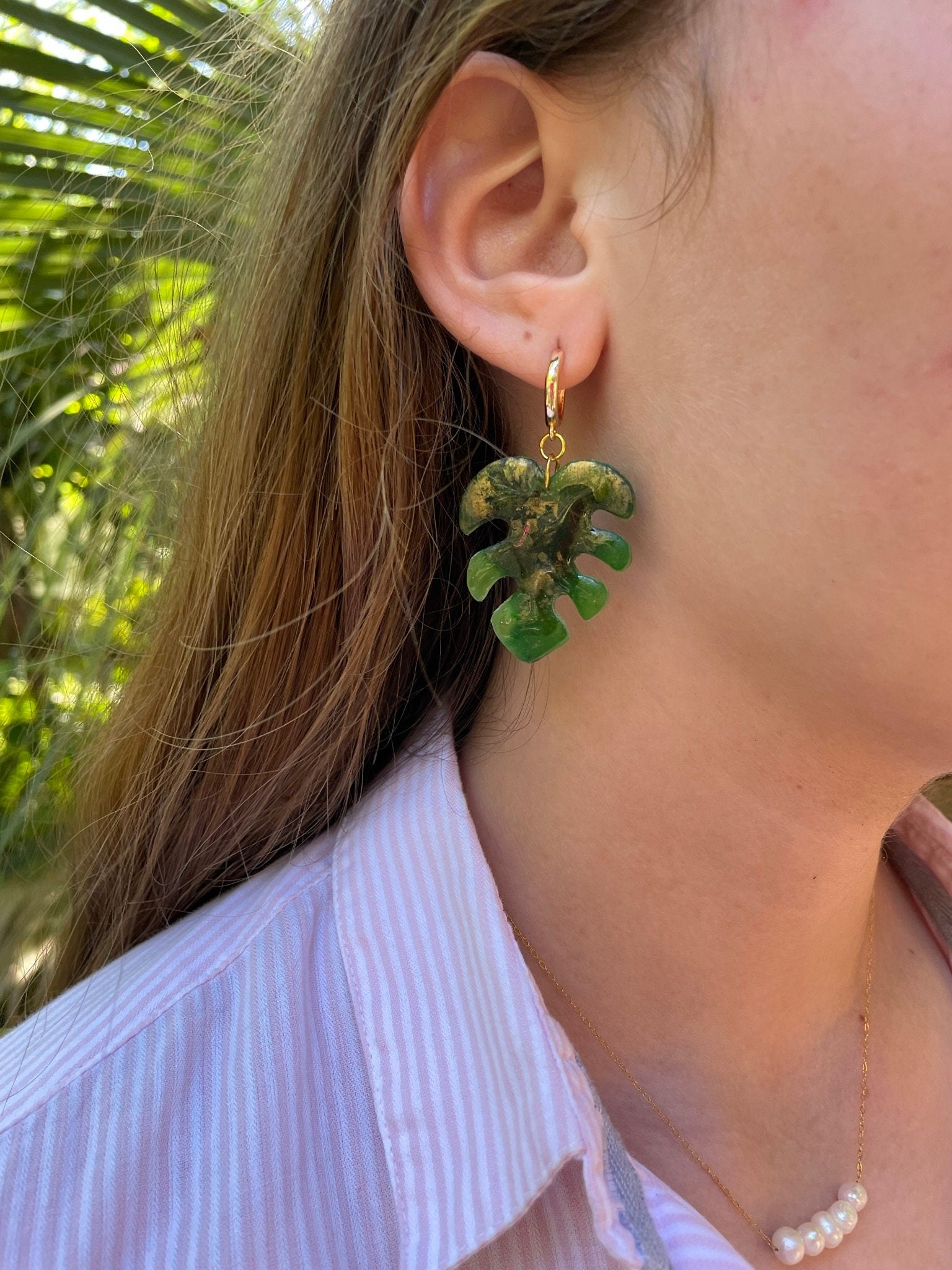 Tropical Island Style Monstera Leaf Earrings, Gold Hoop huggie earrings Cool Summer Jewelry Beach Wedding Maximalist Polymer Clay Earrings
