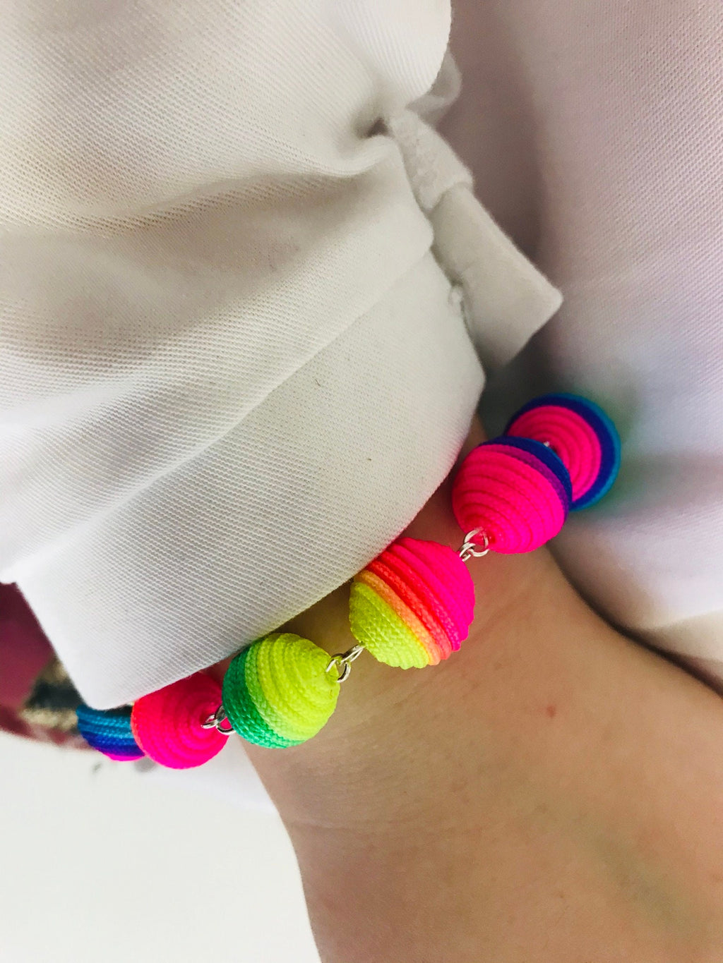Rainbow earrings. Extra long colorful earrings, 6 ball clip on earrings dangle, Silk drop ball earrings, Statement bon bon earrings