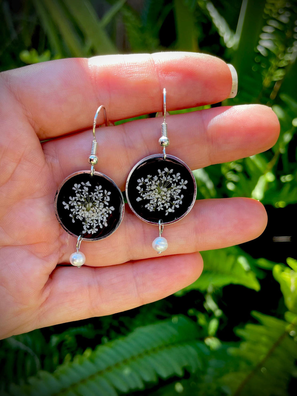 Black freshwater Pearl Earrings with Pressed Queen Ann’s Lace Flower: January Birth Flower Jewelry
