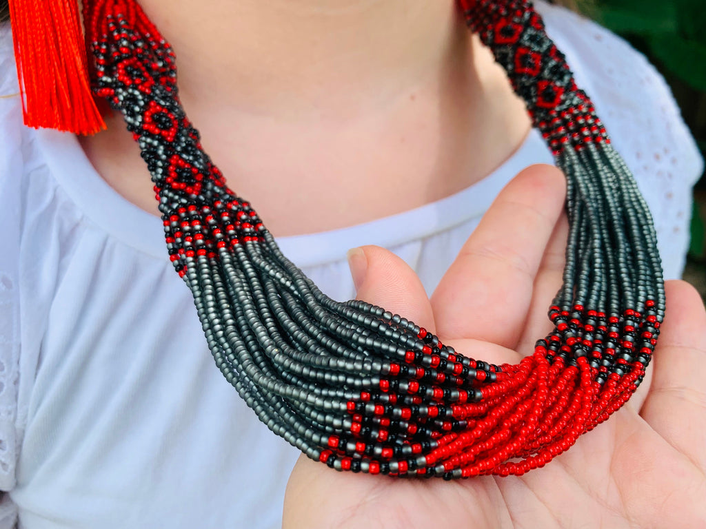 Red and black Folk Ukrainian necklace Ukrainian Beaded Necklace Seed bead vyshyvanka necklace Multistrand red and gray necklace Bohemian