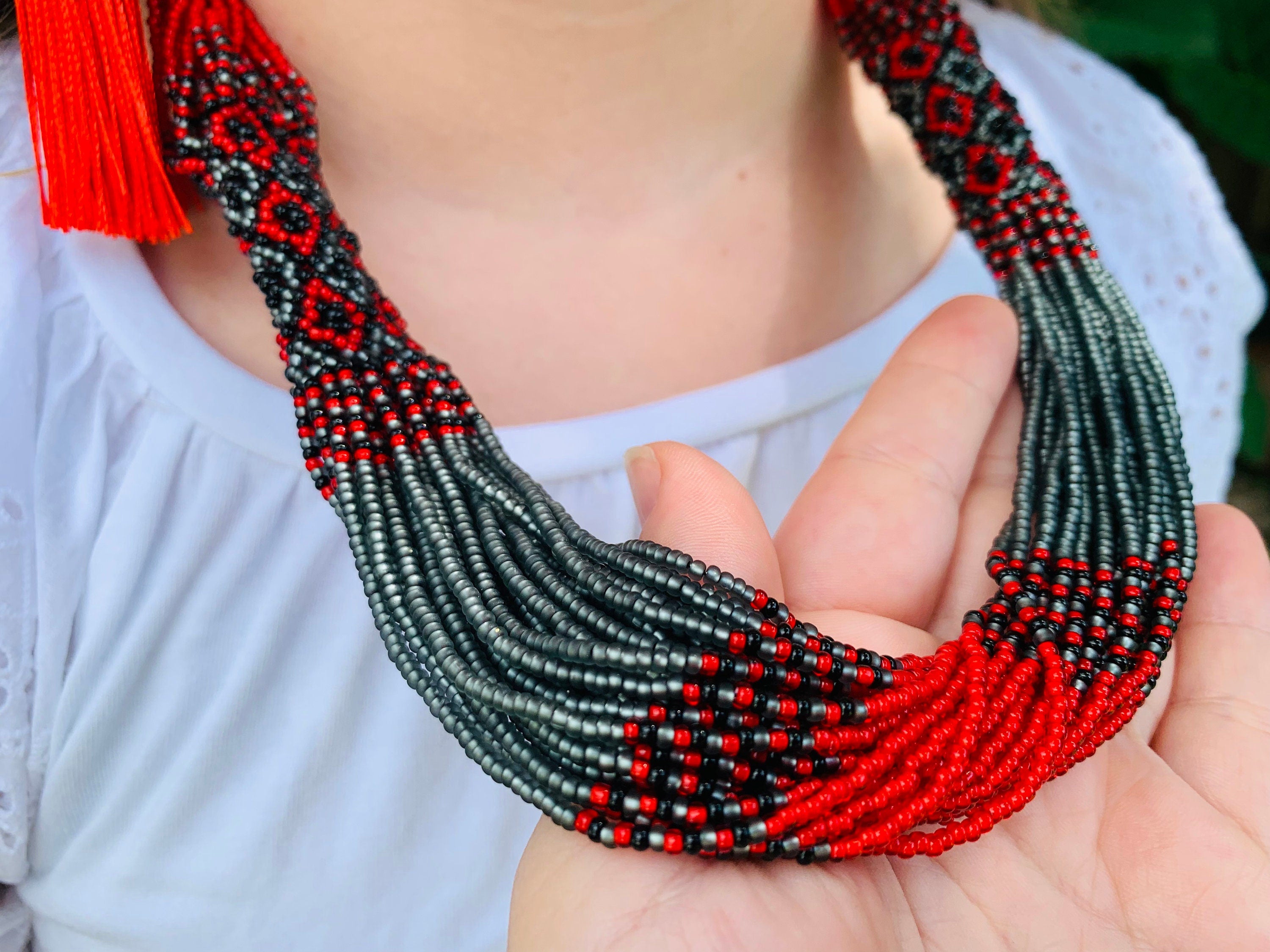 Red and black Folk Ukrainian necklace Ukrainian Beaded Necklace Seed bead vyshyvanka necklace Multistrand red and gray necklace Bohemian