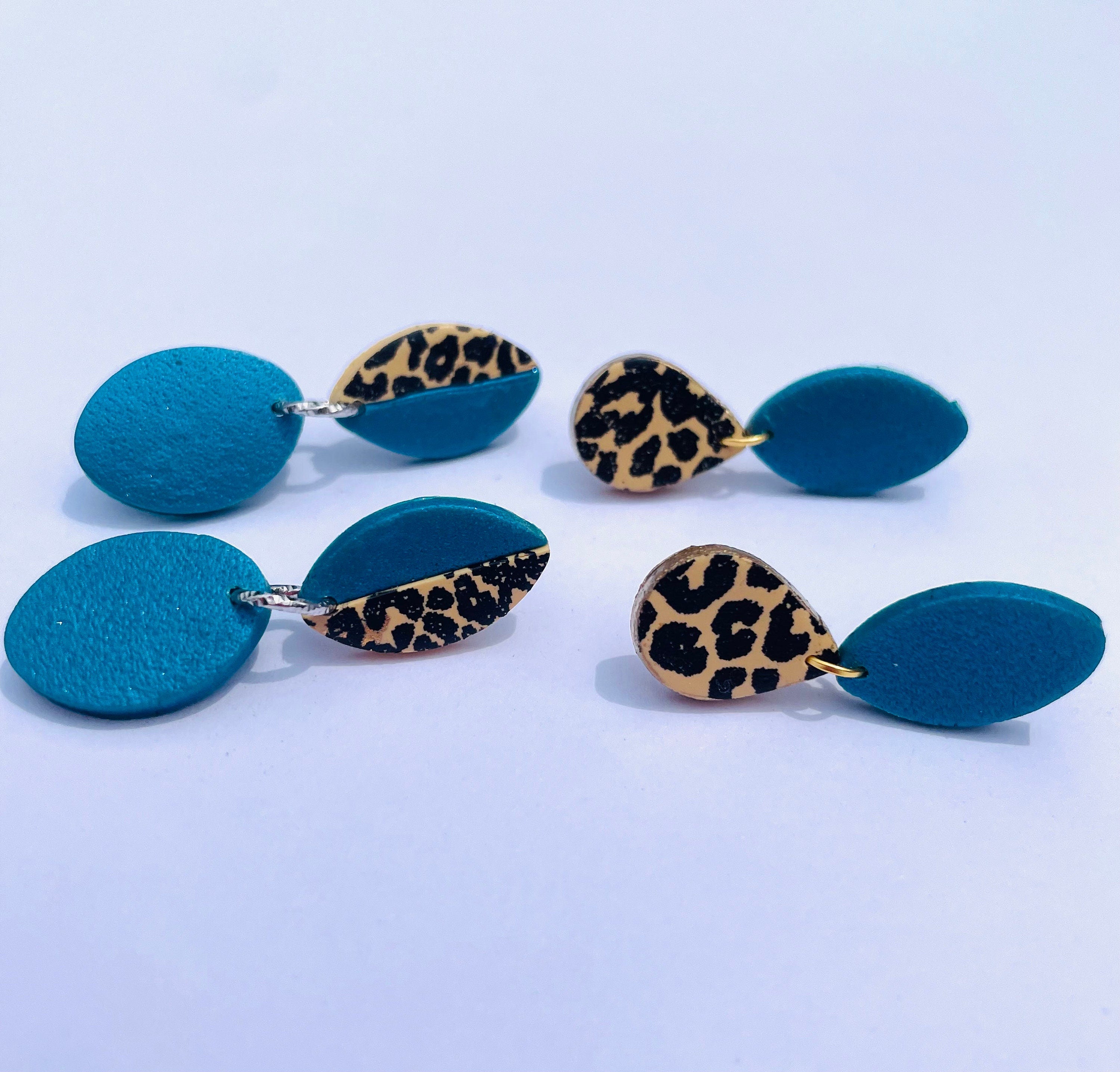 Patina blue and Leopard Drop Earrings stud Jacksonville Jaguars cheer mom Polymer Clay Earrings Thoughtful Gift Idea for Friends Girlfriend
