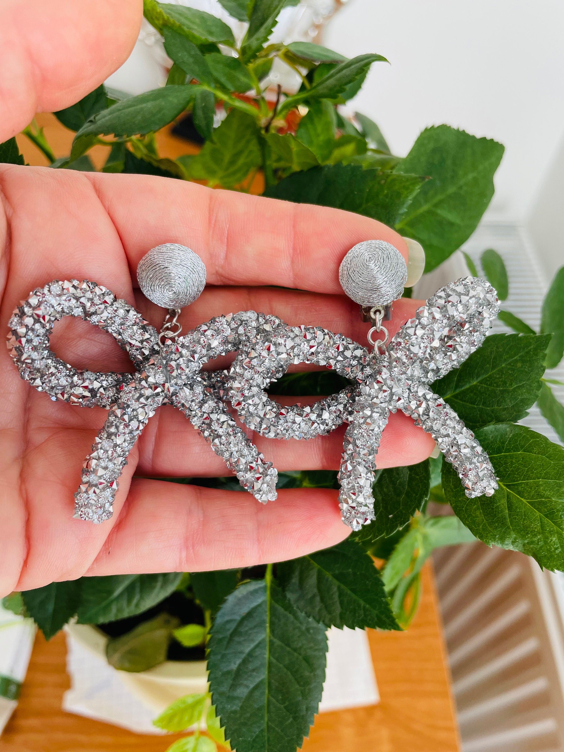 Rhinestone Bow Earrings drop, Crystal Earrings, Silver Earrings, Sparkly Earrings, Party Earrings, Rhinestone Earrings, Big Earrings clip on